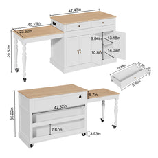 CBJCBJ Modern Extendable Kitchen Islands on Wheels with Power Outlet, Dining Table Cart with 4 Doors Storage, White