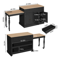 CBJCBJ Modern Extendable Kitchen Islands on Wheels with Power Outlet, Dining Table Cart with 4 Doors Storage, Black