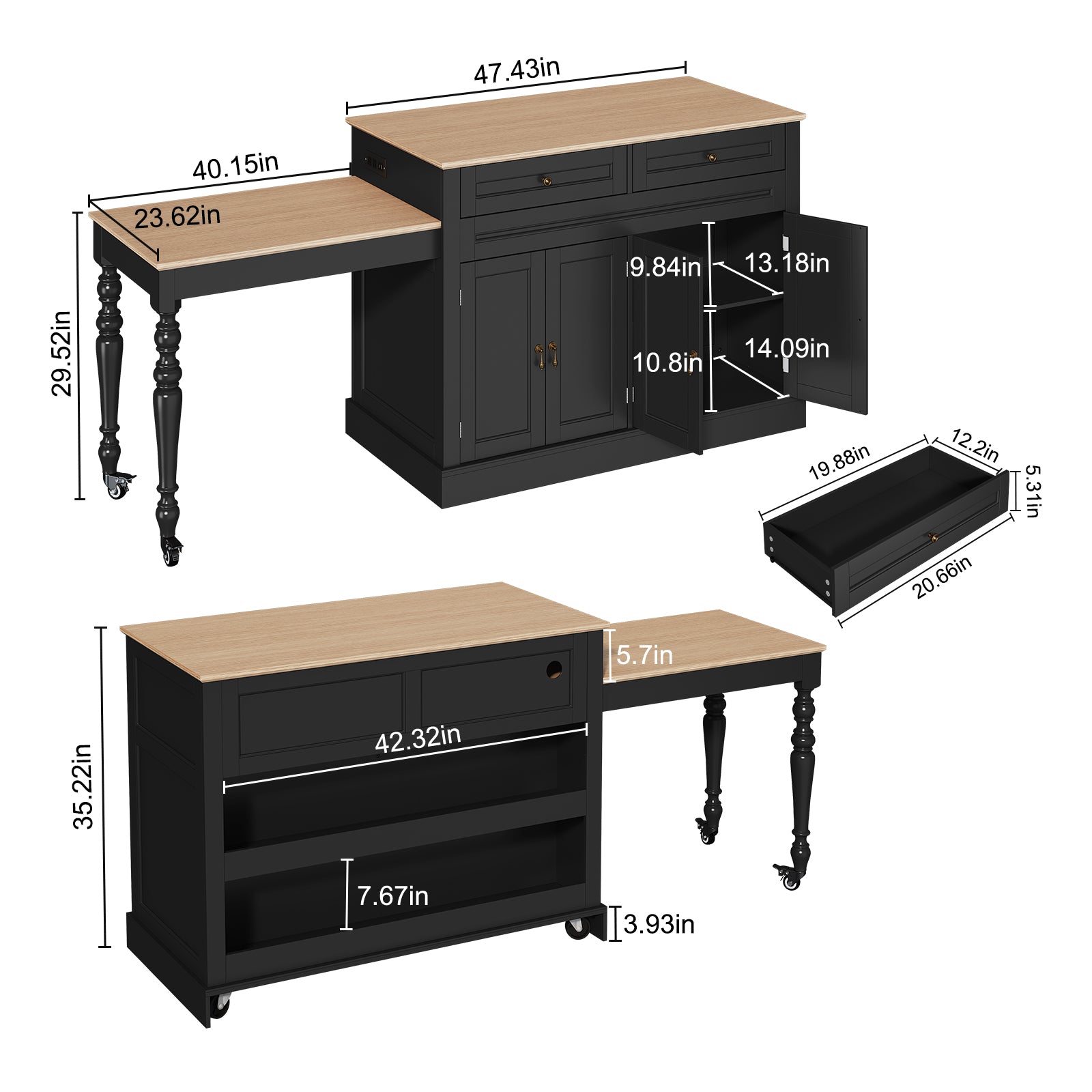 CBJCBJ Modern Extendable Kitchen Islands on Wheels with Power Outlet, Dining Table Cart with 4 Doors Storage, Black