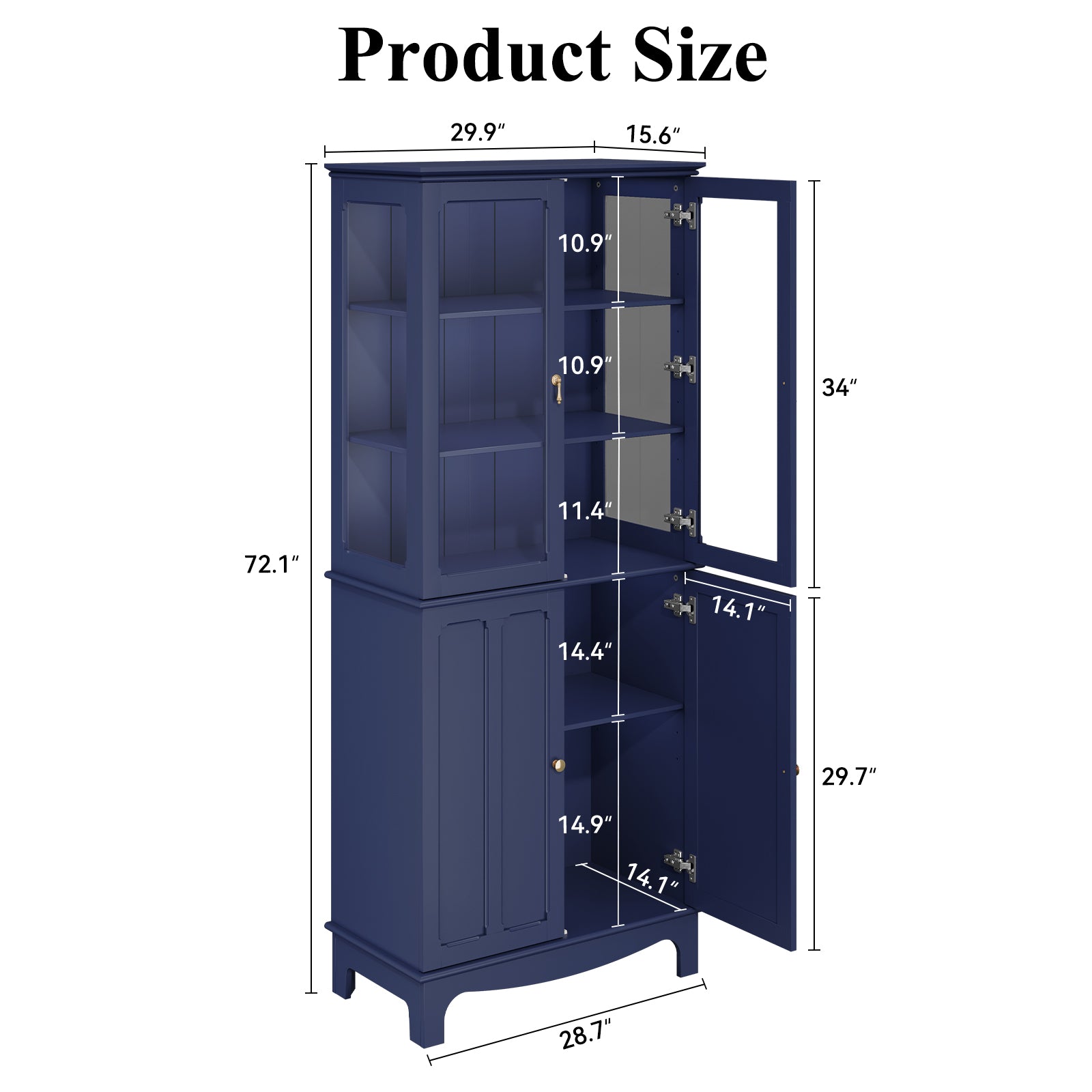 CBJCBJ Modern Bookcase with Storage, Display Cabinet with Glass Doors, Storage Cabinet with Adjustable Shelves,Blue