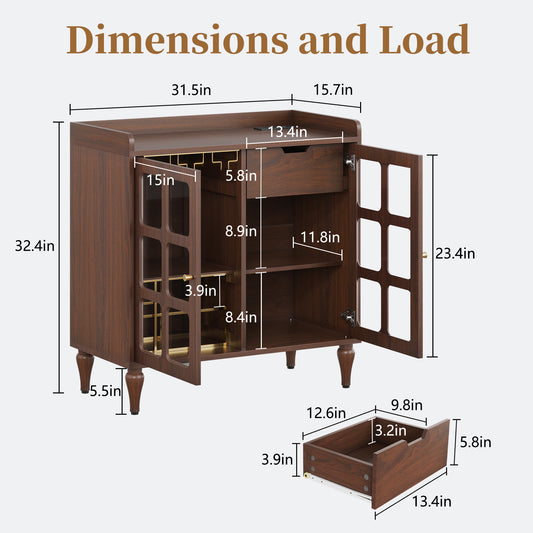 HLR Large Sideboard Buffet Cabinet with Storage, 32" Mid-Century Brown Coffee Wine Bar with 2 Glass Doors, Outlets