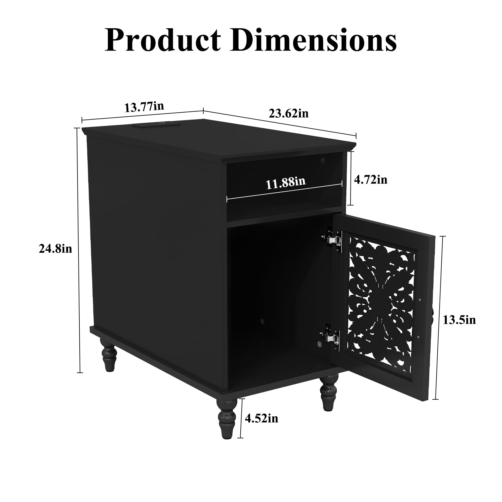 HLR 13.77" Nightstand with Charging Station, Modern Black End / BedSide Table for Living Room