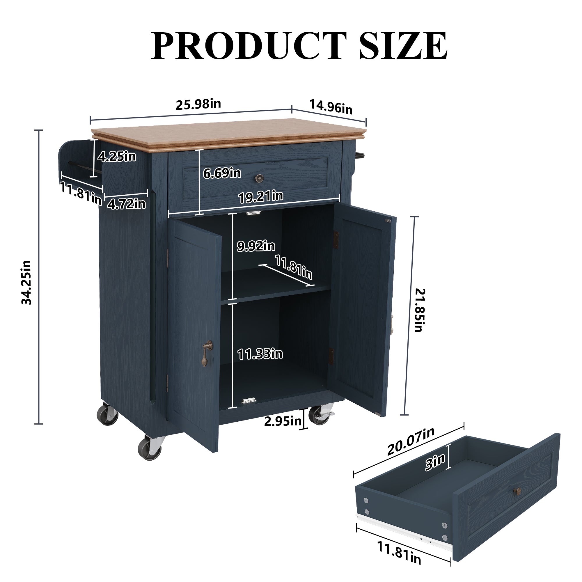 HLR Small Kitchen Islands Table with Storage, Rolling Wood Microwave Cart on Wheels for Dining Room, Blue