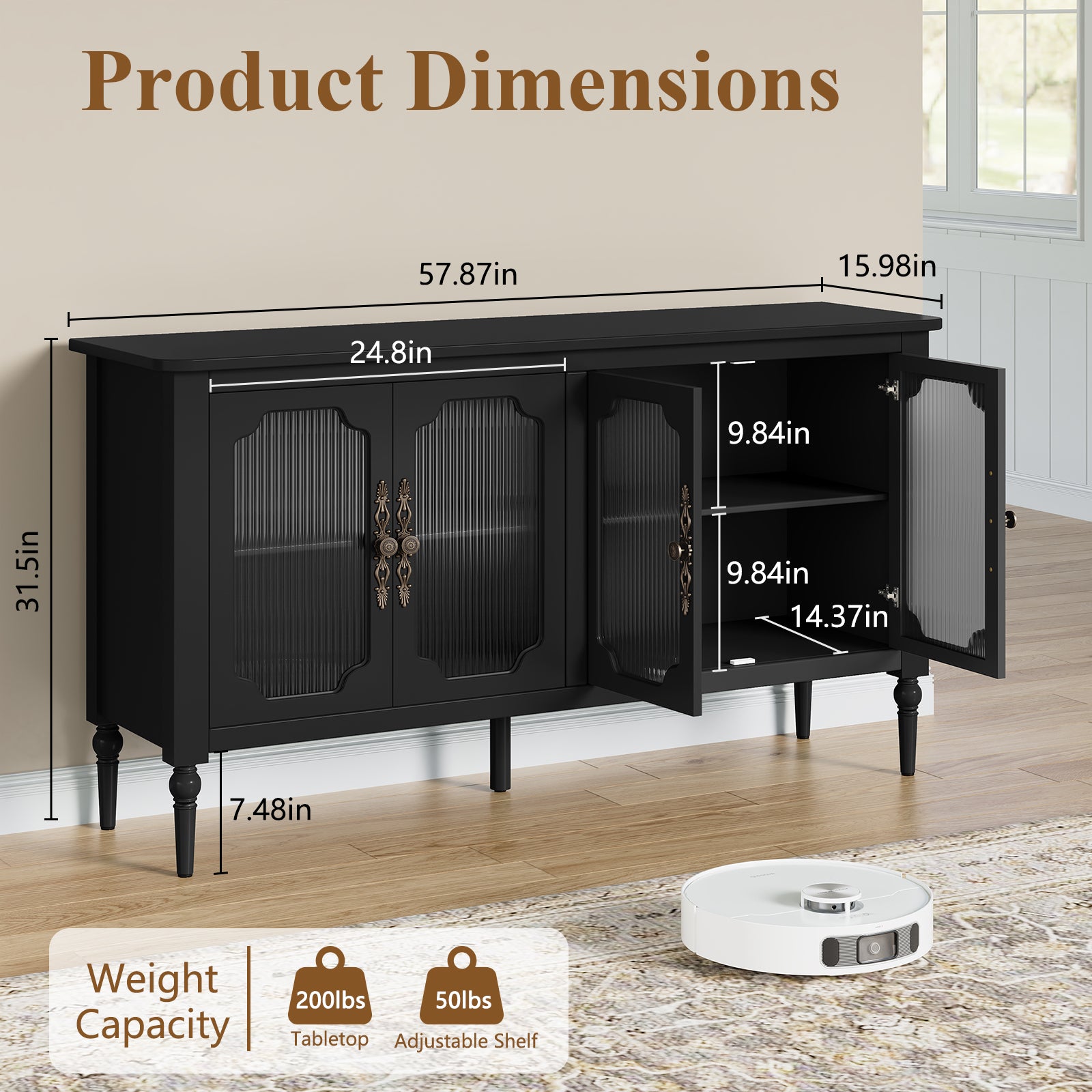 HLR 58'' Large Sideboard Buffet Cabinet with Storage, 4 Glass Modern Credenza Table for Kitchen, Black