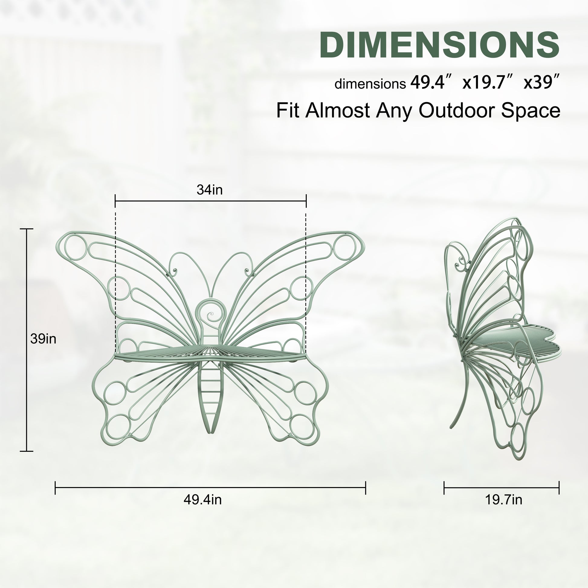 CBJCBJ 50" Weatherproof Outdoor Patio Bench，Metal Butterfly Design for Garden and Lawn Porch， Green