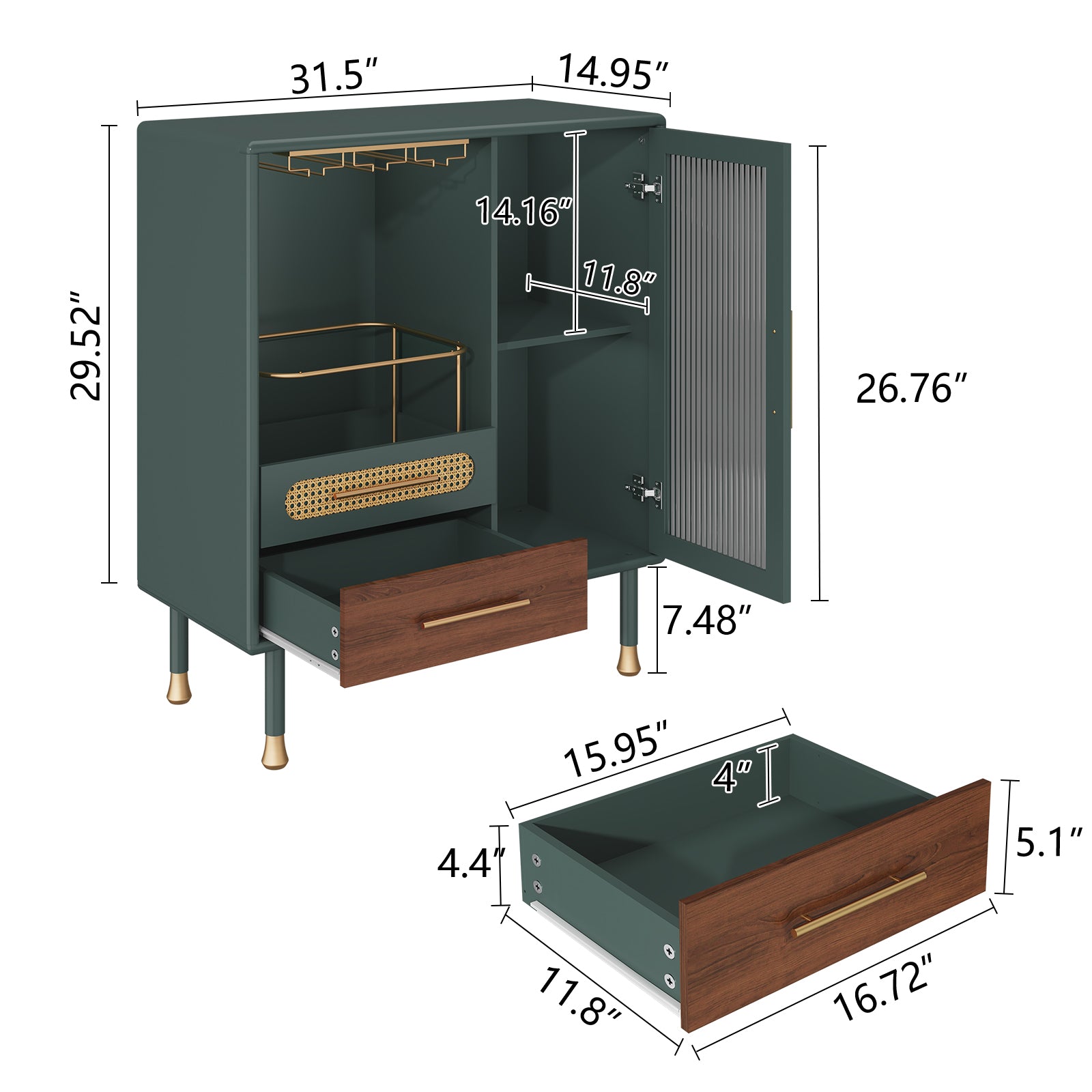 HLR 31.5"W Modern Wine Storage Cabinet with Pull-Out Rack & Tempered Glass Doors – Compact Coffee Bar for Kitchen, Dining Room, Apartment,Green