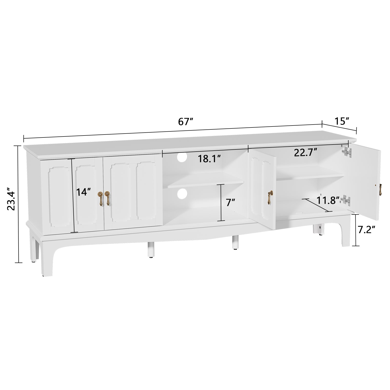 HLR Modern 67" TV Stand, for TVs up to 75", Entertainment Center with Curved Base for Living Room, White