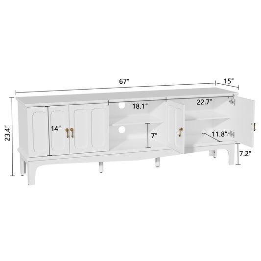 HLR Modern 67" TV Stand, for TVs up to 75", Entertainment Center with Curved Base for Living Room, White
