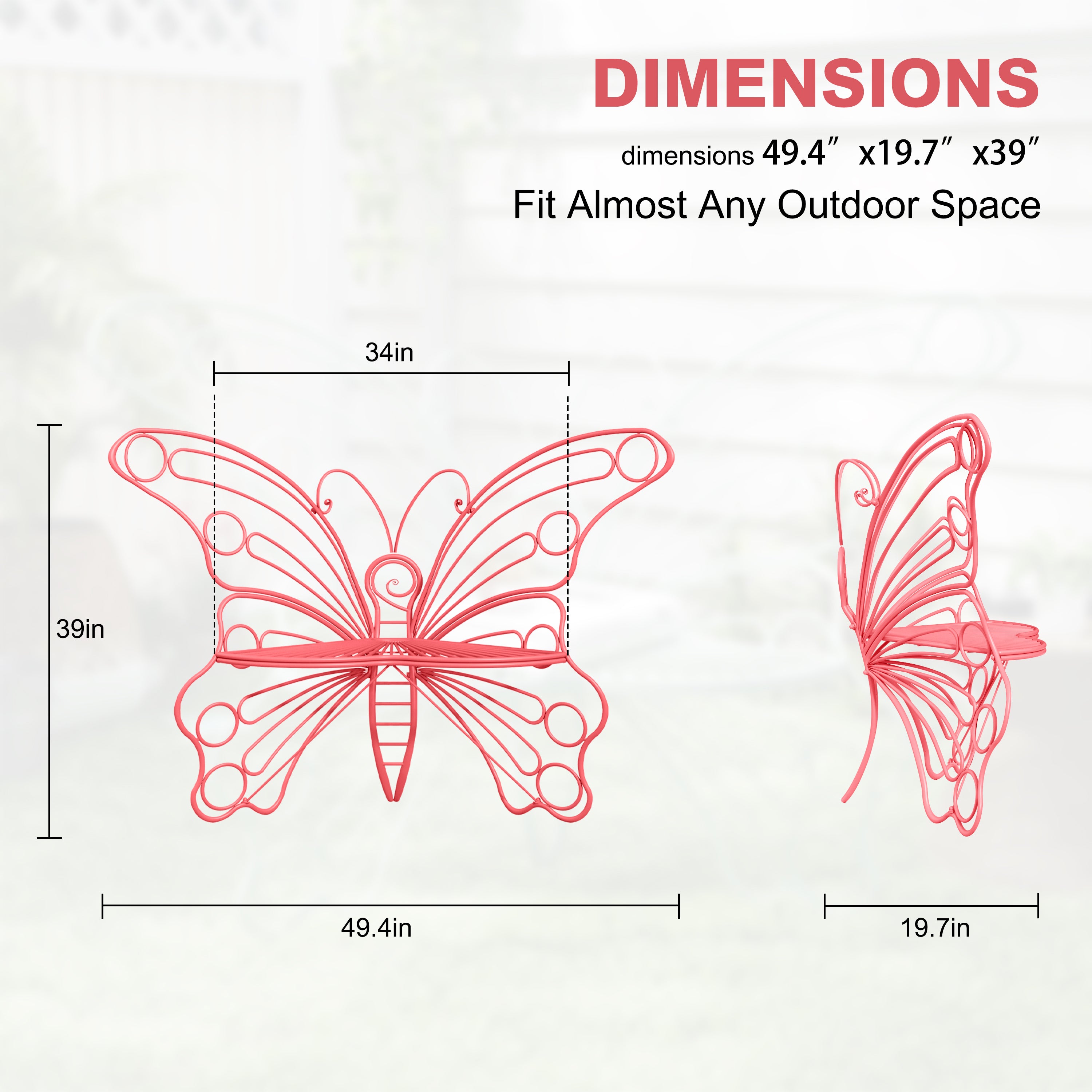 CBJCBJ 50" Weatherproof Outdoor Patio Bench，Metal Butterfly Design for Garden and Lawn Porch， Pink