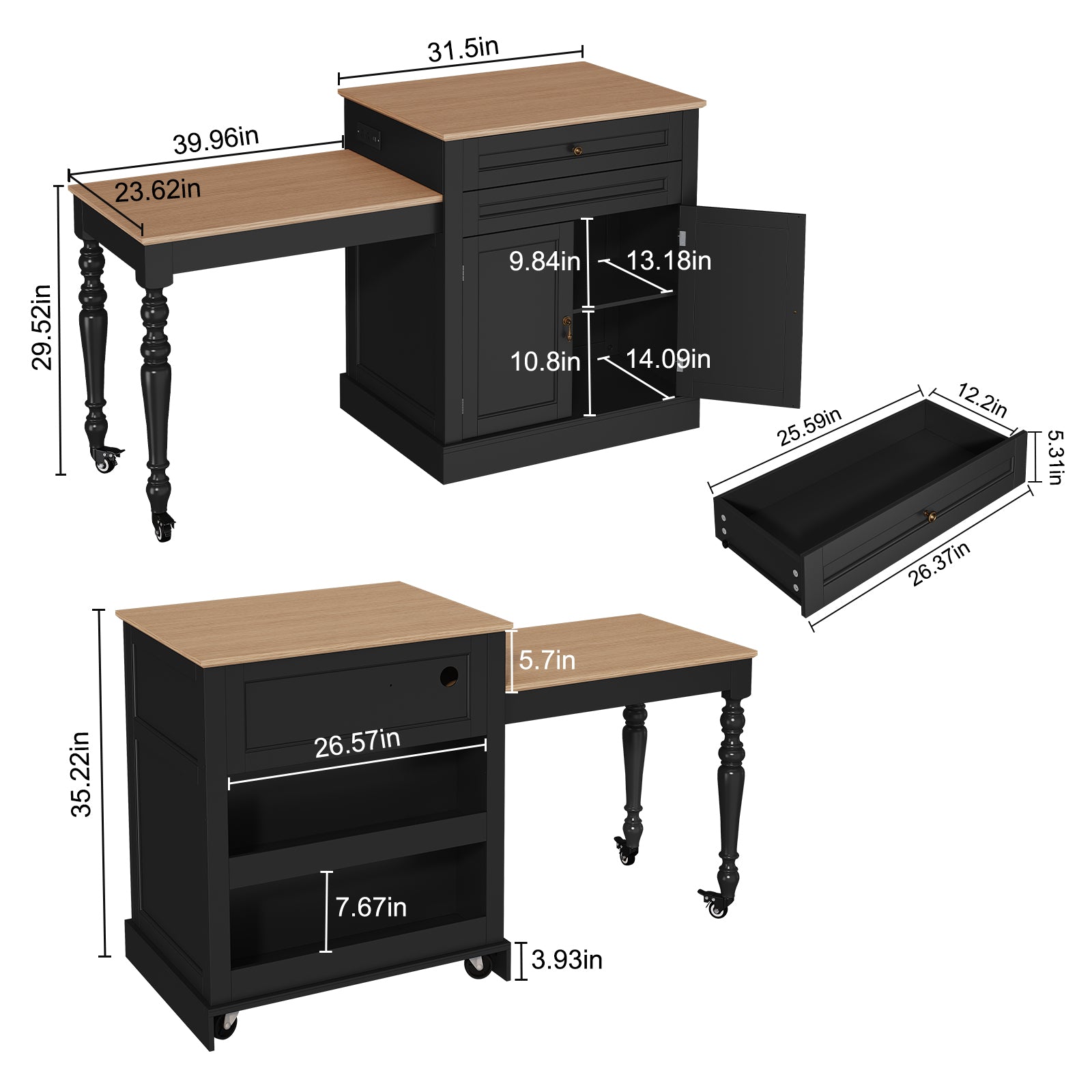 CBJCBJ Modern Extendable Kitchen Islands on Wheels with Power Outlet, Dining Table Cart with 2 Doors Storage, Black