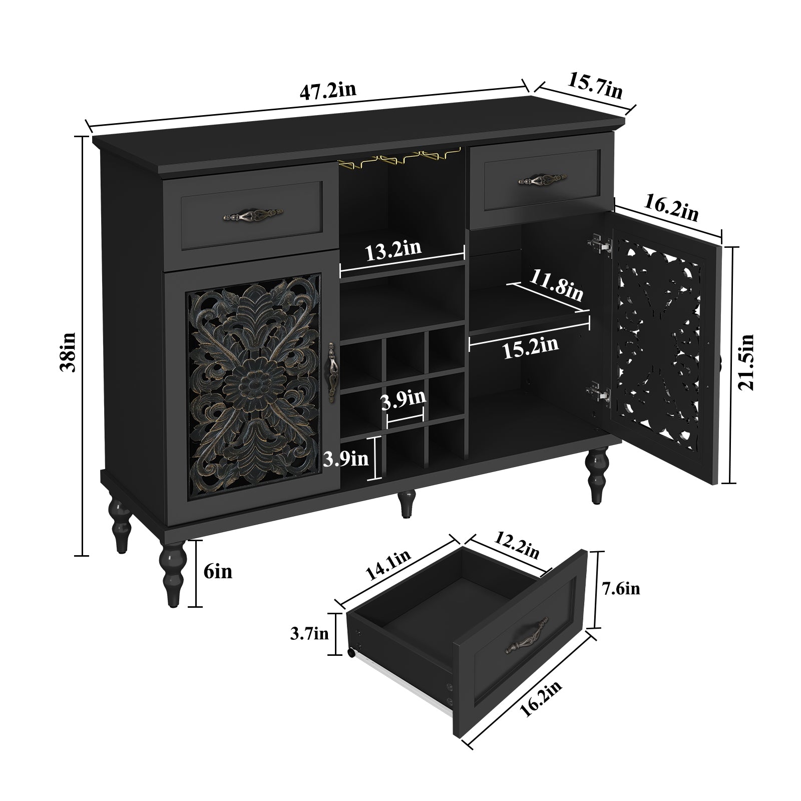 HLR 47.2" Wine Bar Cabinet, Retro Sideboard Buffet Coffee Bar with Storage for Living Room, Black