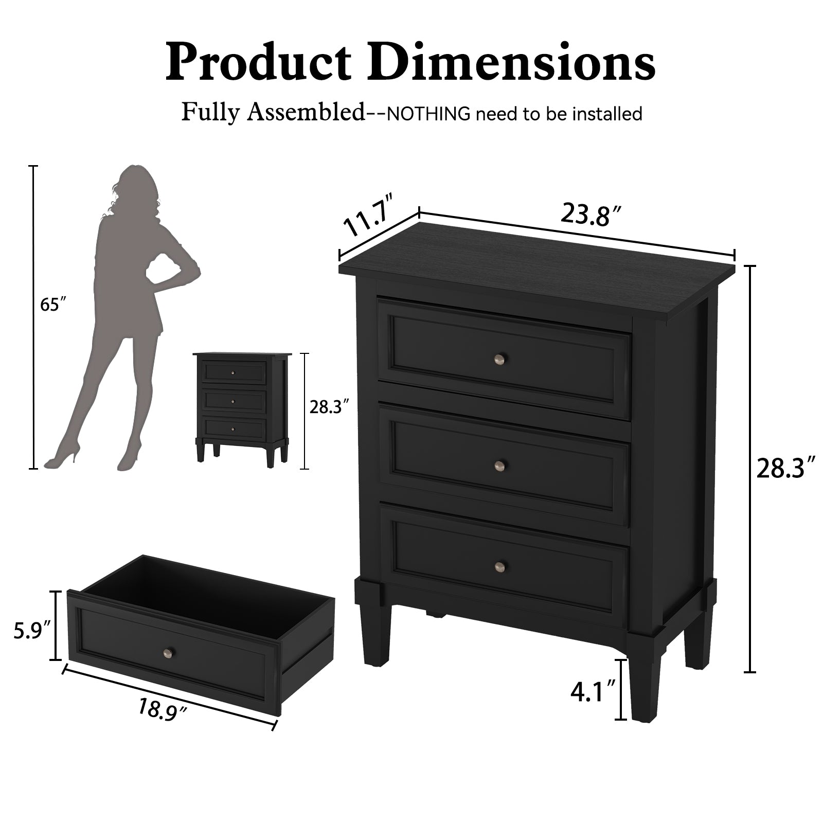 HLR® 20'' Wide 3 Drawers Vintage Nightstands Set of 2