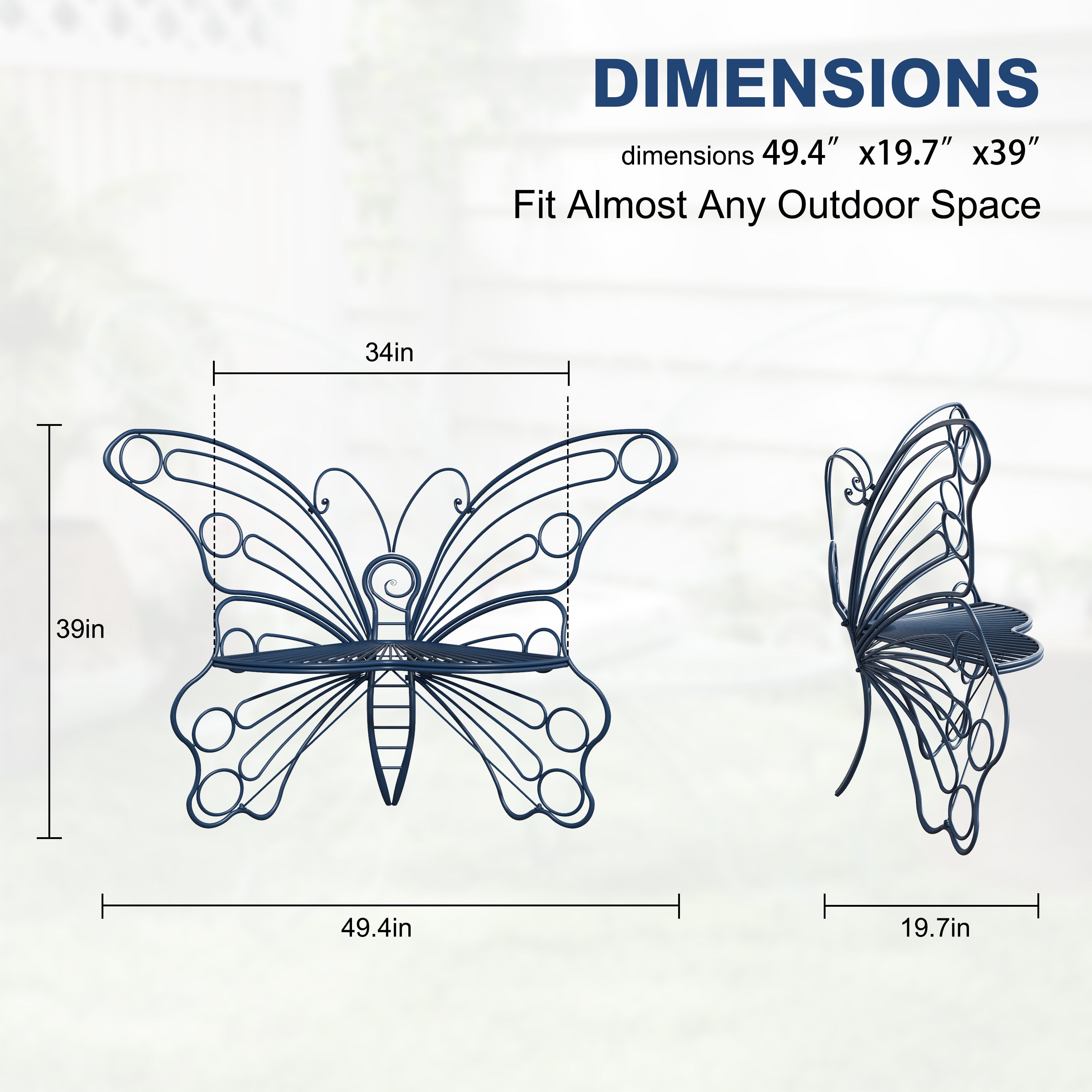 CBJCBJ 50" Weatherproof Outdoor Patio Bench，Metal Butterfly Design for Garden and Lawn Porch， Navy