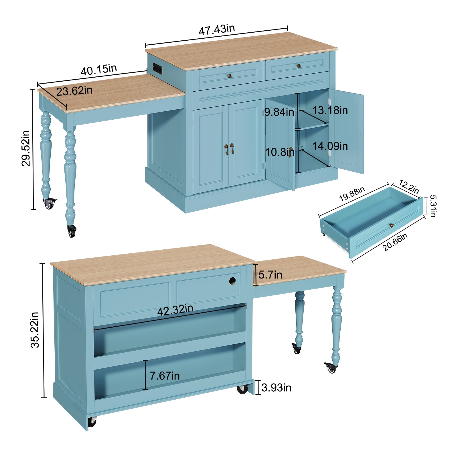 CBJCBJ Modern Extendable Kitchen Islands on Wheels with Power Outlet, Dining Table Cart with 4 Doors Storage, Blue