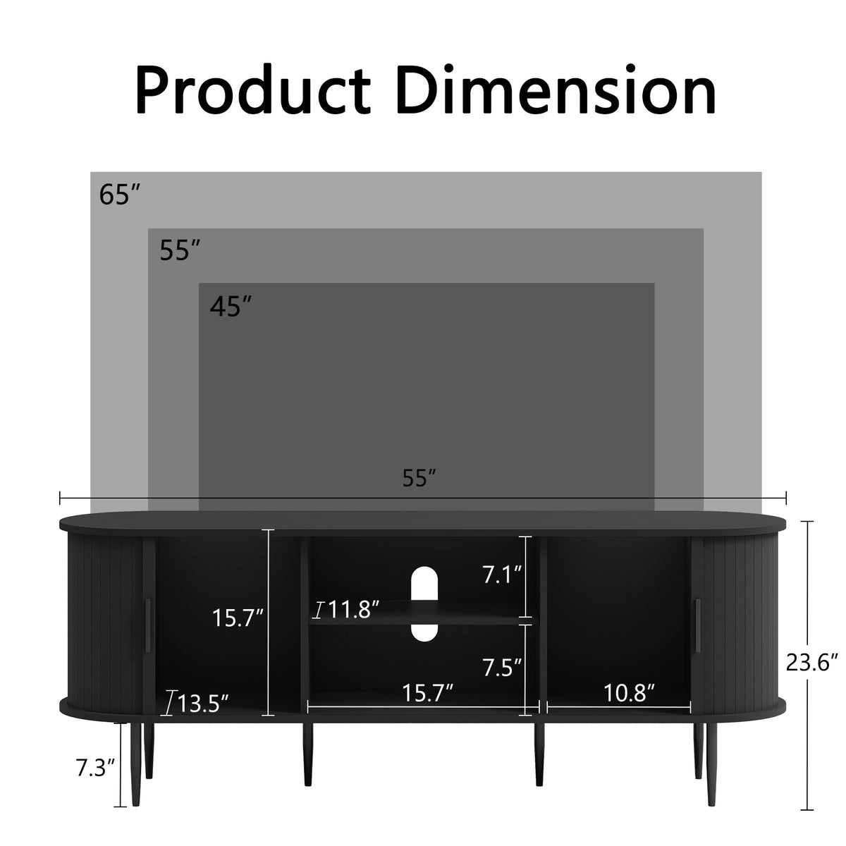 HLR 55" Black TV Stand for 65" TV, Wood Entertainment Center with 2 Sliding Tambour Doors Storage, Mid-Century