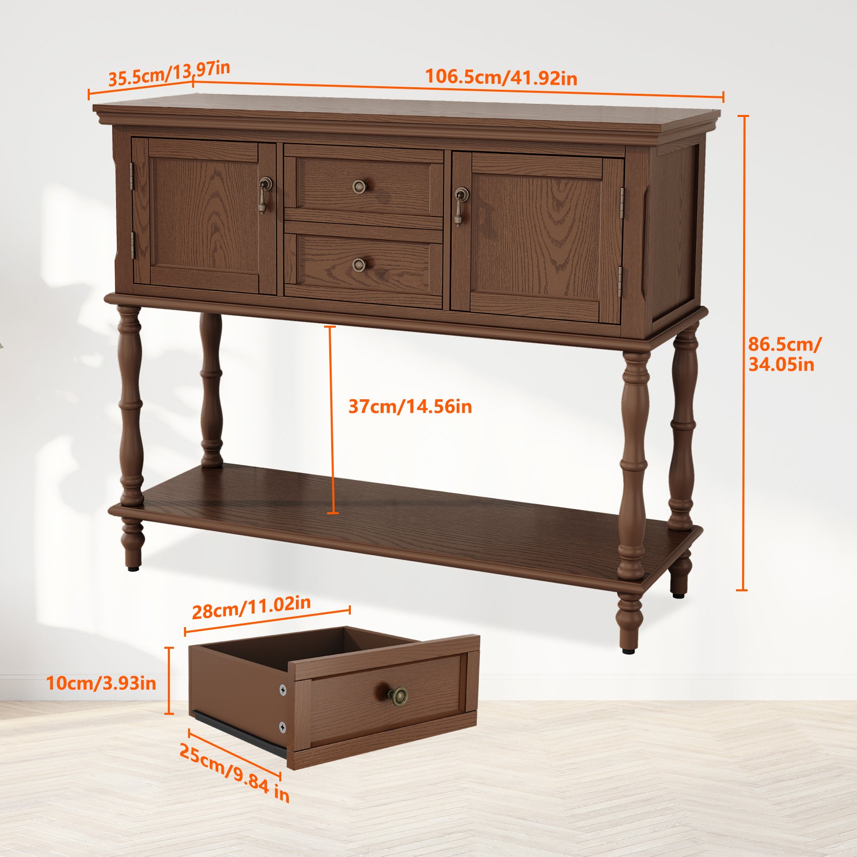 HLR 42" Farmhouse Modern Console Table, Entryway Table with Storage Shelf for Living Room, Brown