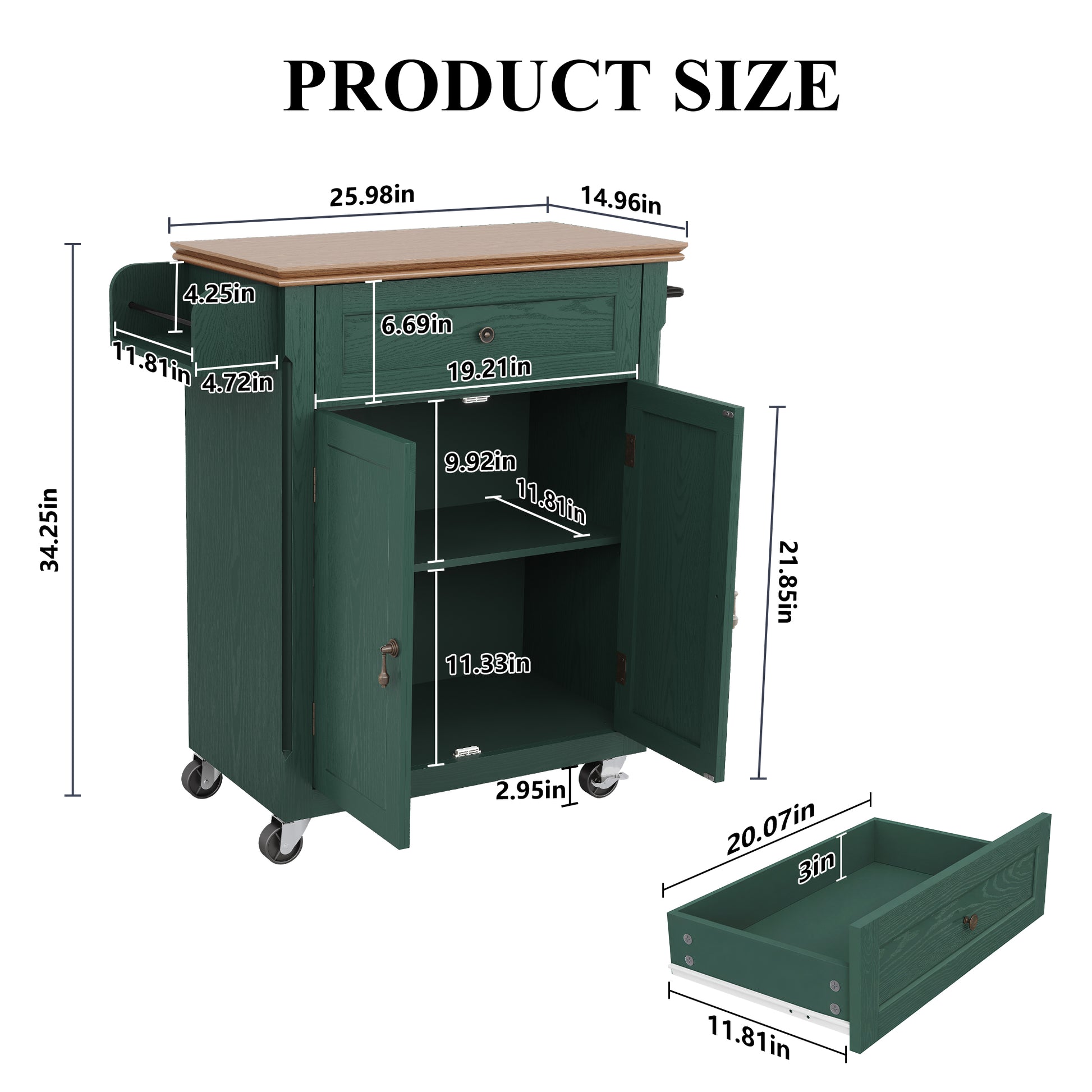 CBJCBJ Kitchen Islands Cart on Wheels with Storage, Wood Microwave Table with Drawers and Spice Box , for Dining Room,Green