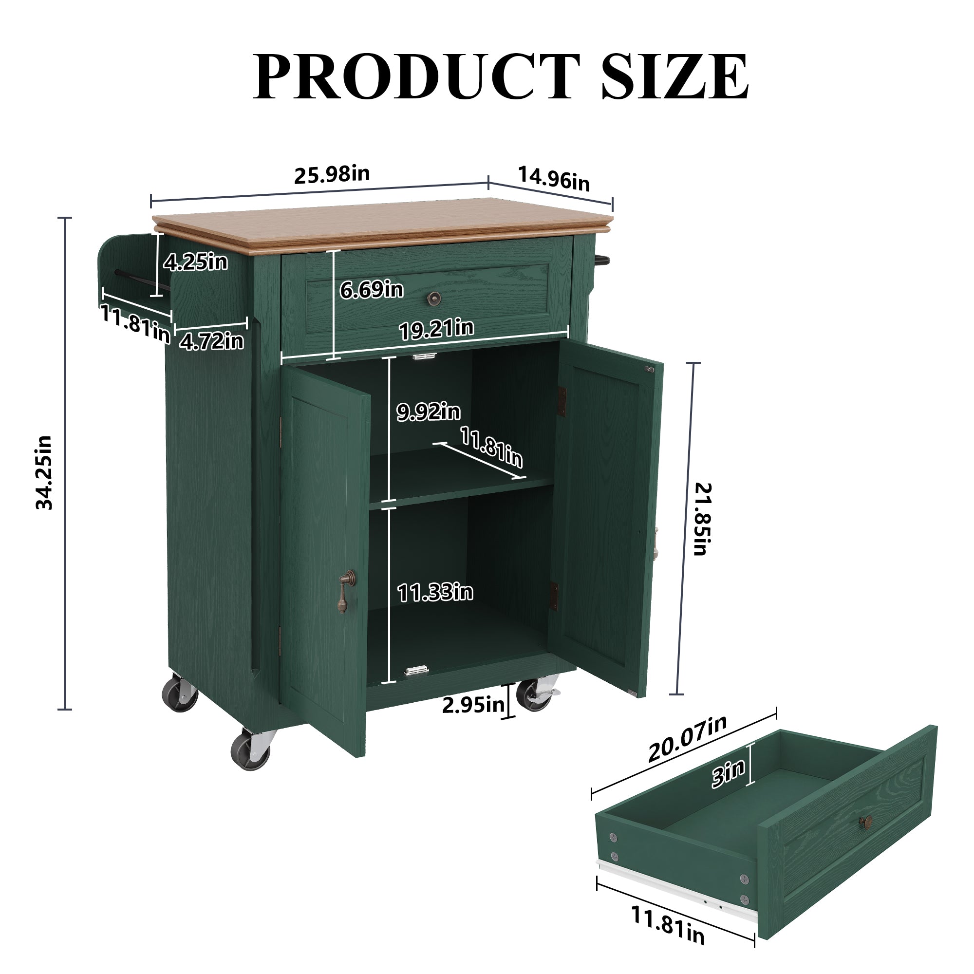 CBJCBJ Kitchen Islands Cart on Wheels with Storage, Wood Microwave Table with Drawers and Spice Box , for Dining Room,Green