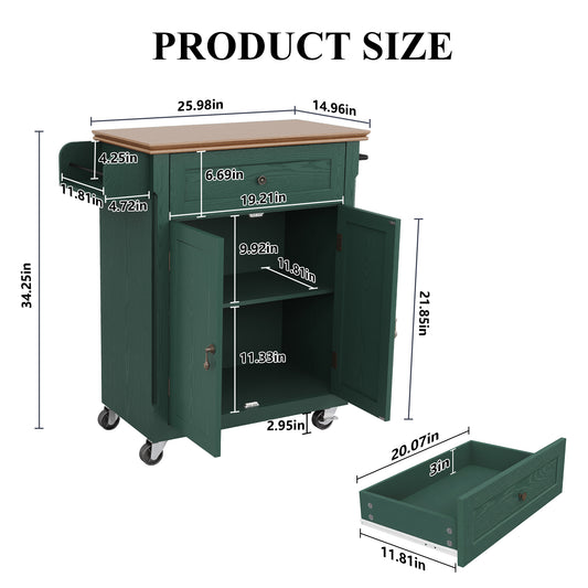 CBJCBJ Kitchen Islands Cart on Wheels with Storage, Wood Microwave Table with Drawers and Spice Box , for Dining Room,Green