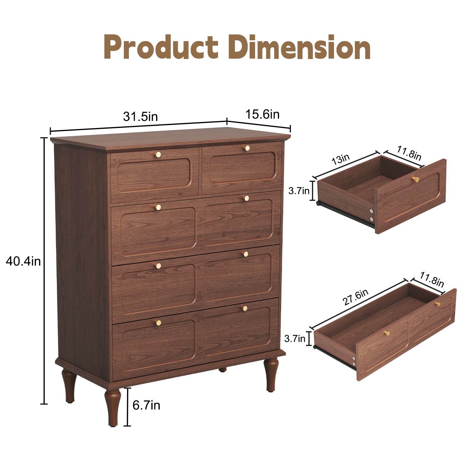 HLR 40" Mid-century 5 Drawer Dresser for Bedroom, Small Dressers & Chest of Drawers, Brown