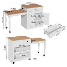 CBJCBJ Modern Extendable Kitchen Islands on Wheels with Power Outlet, Dining Table Cart with 2 Doors Storage, White