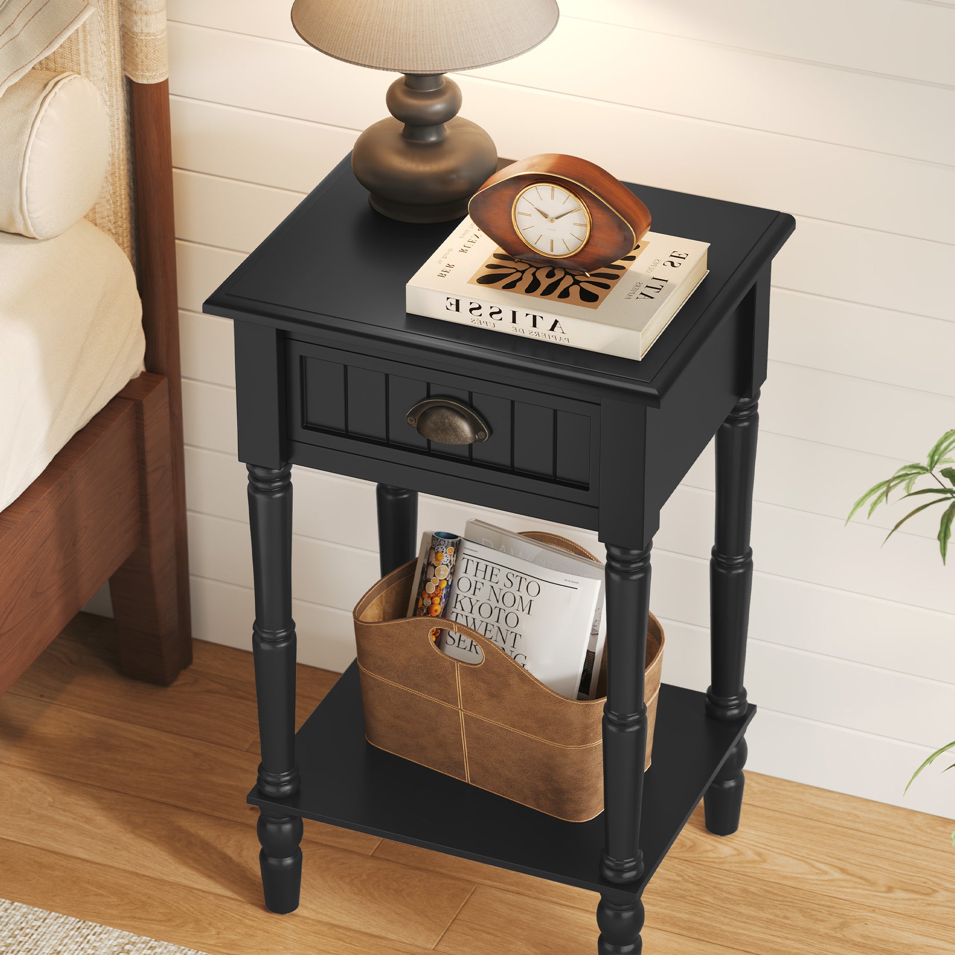 CBJCBJ 26.8"H Retro Nightstands Set of 2, Side Table with Drawers and Open Shelves, for Bedrooms and Sofas,Black