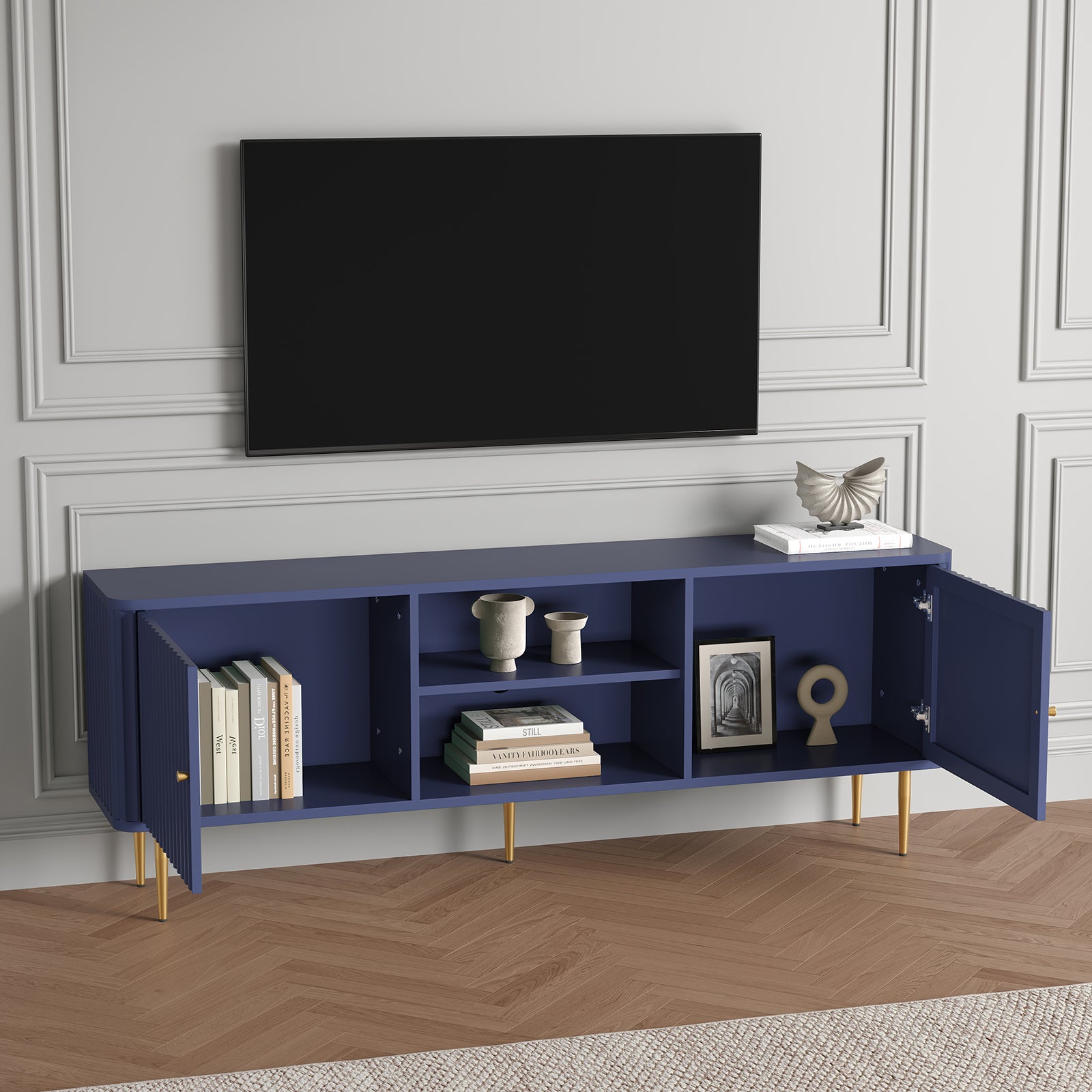CBJCBJ Modern Fluted 67" TV Stand for 75" TV with Storage, Entertainment Center for Living Room,Blue