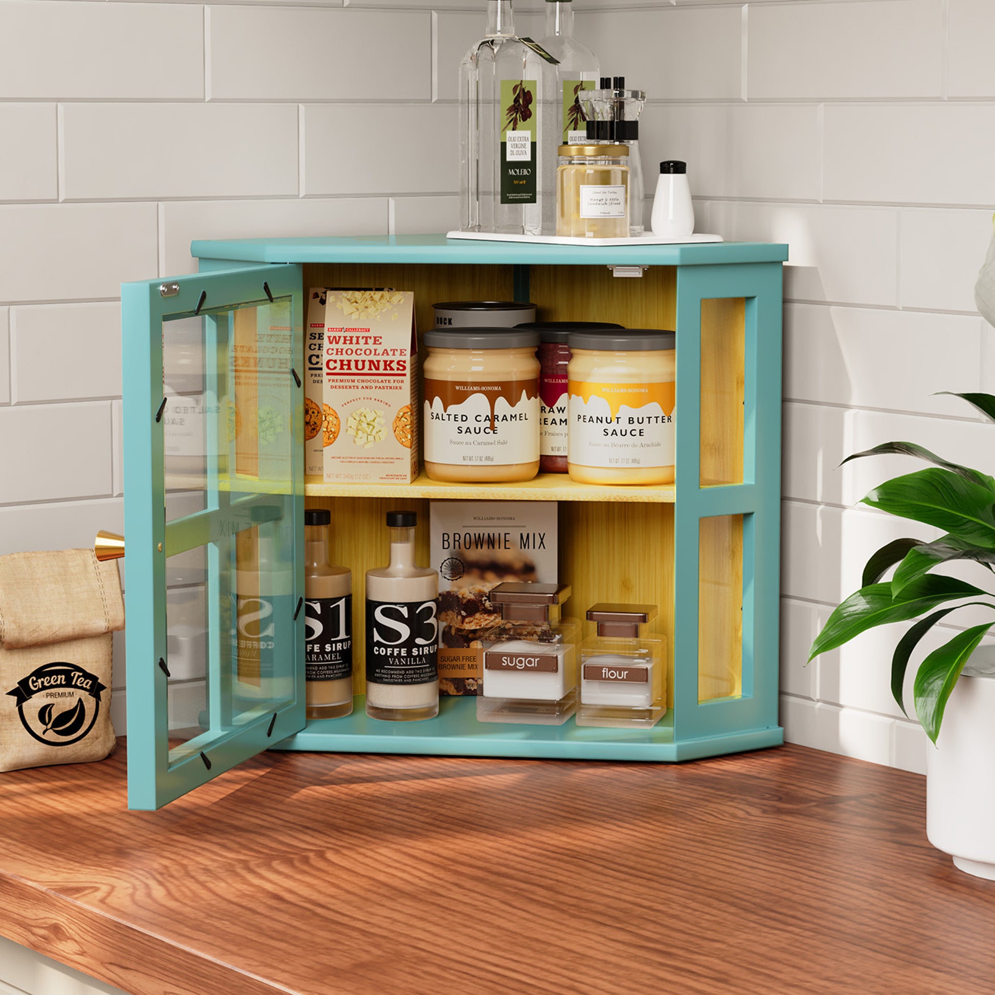 CBJCBJ Bamboo Bread Box, 2-Tier Countertop Storage Rack, Modern Retro Pantry Decor,Blue