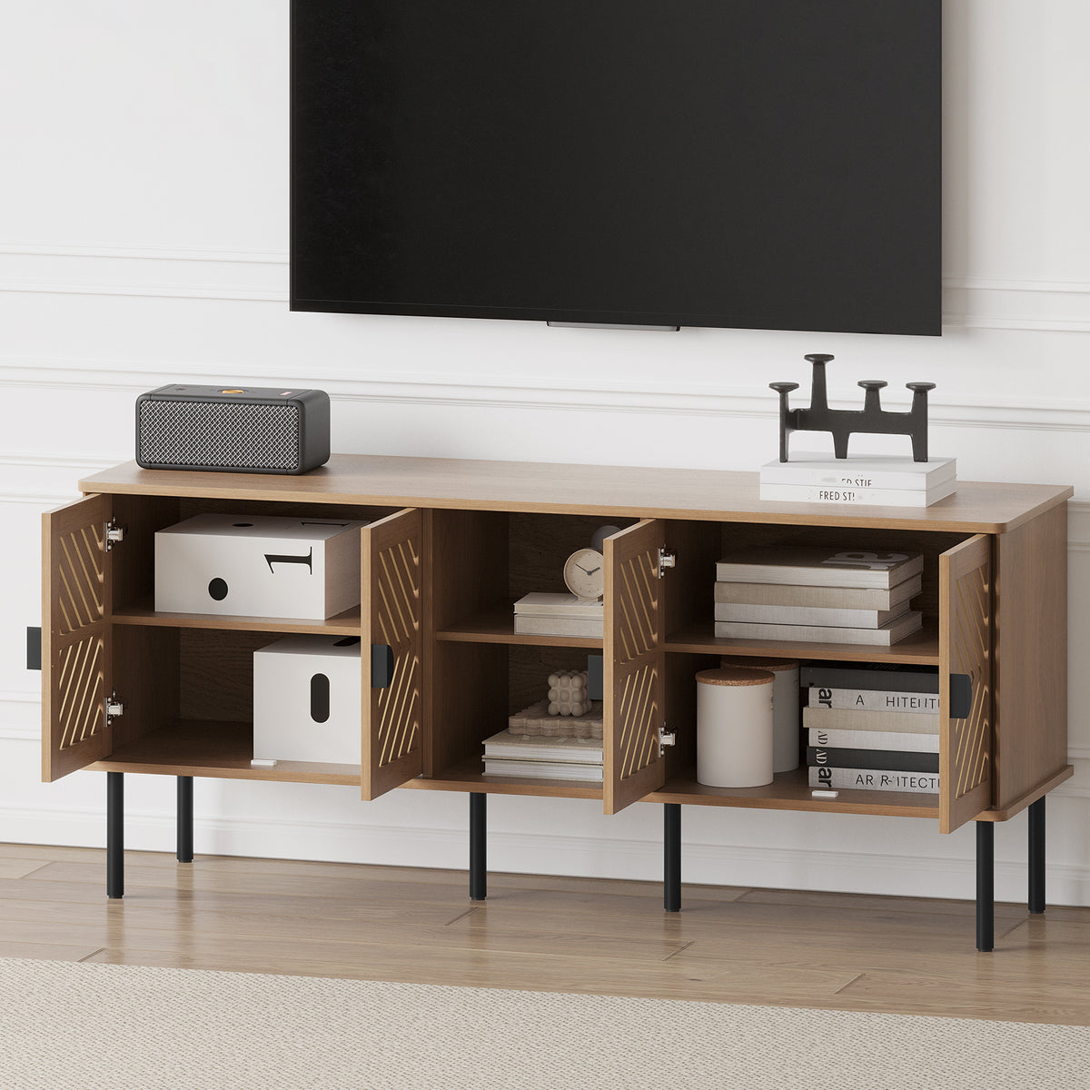 CBJCBJ Modern Mid Century 55" TV Stand for 65" TV, Entertainment Center with Storage and Openwork Cabinet Doors,Wood