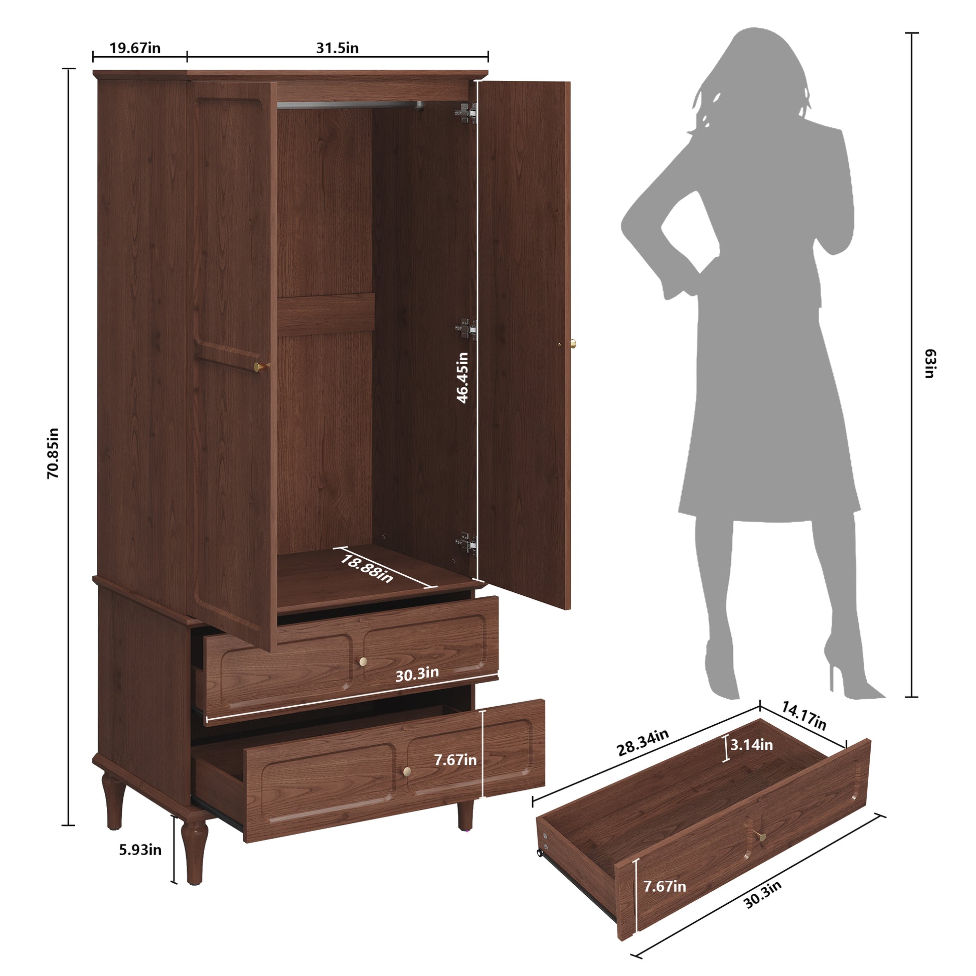 HLR 71" Tall Modern Wood Armoire Wardrobe Closet, Freestanding Cabinet with Hanging Rod for Bedroom, Brown