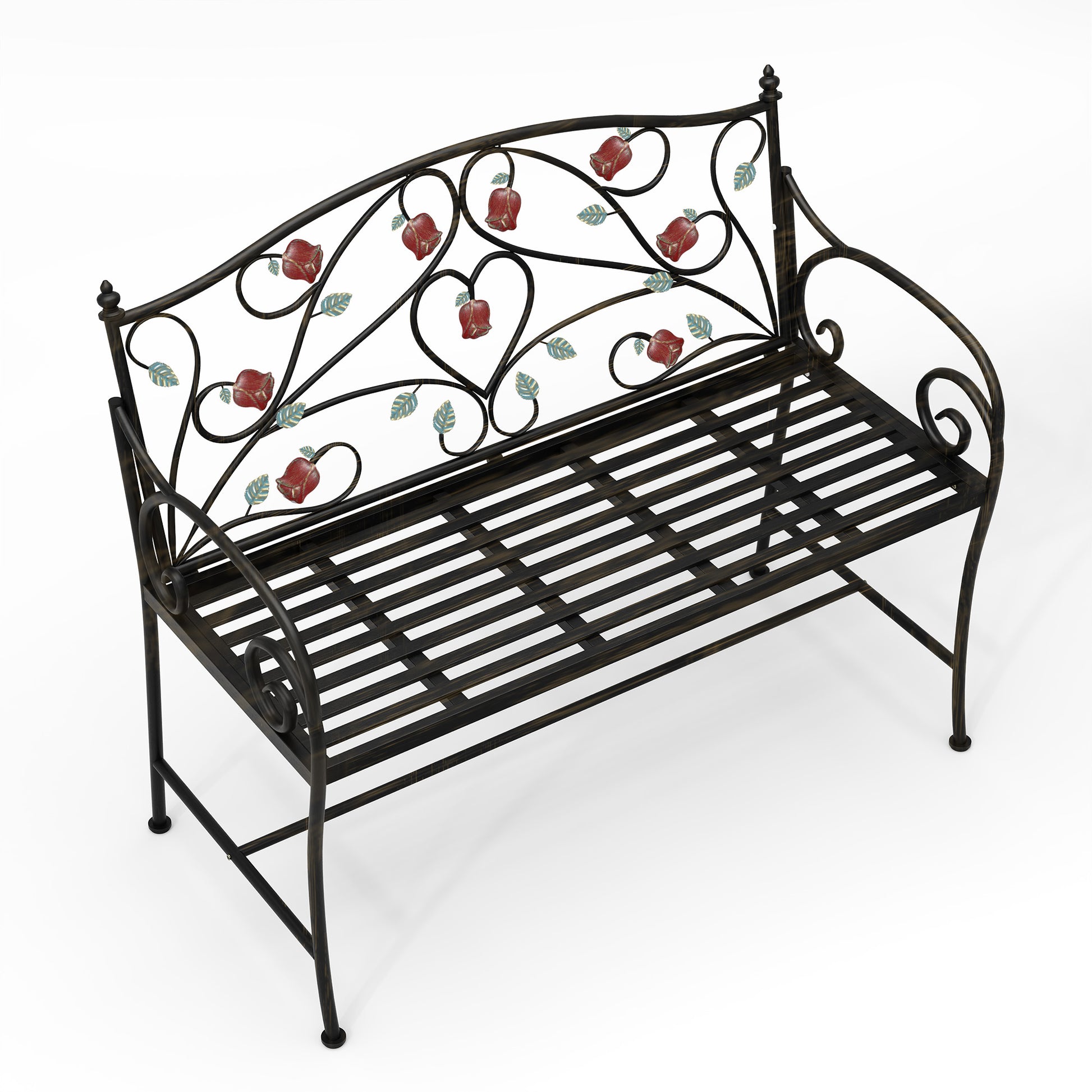 HLR Farmhouse Outdoor Bench with Rose Pattern, 41.7'' Metal Frame Patio Garden Chair Cast Iron, Black