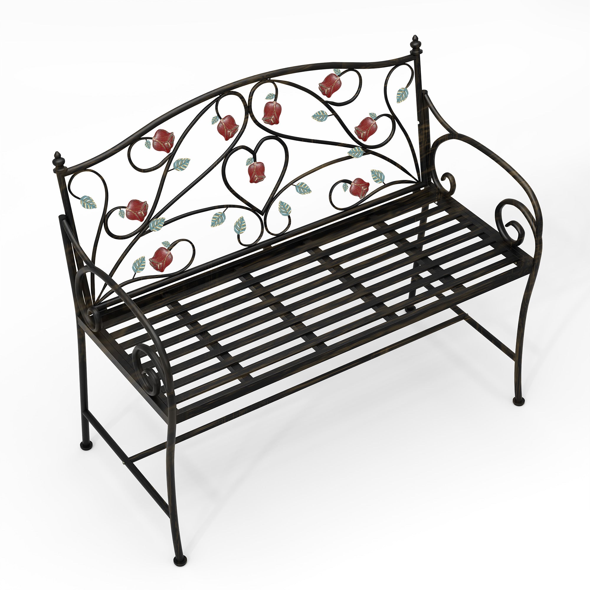 HLR Farmhouse Outdoor Bench with Rose Pattern, 41.7'' Metal Frame Patio Garden Chair Cast Iron, Black