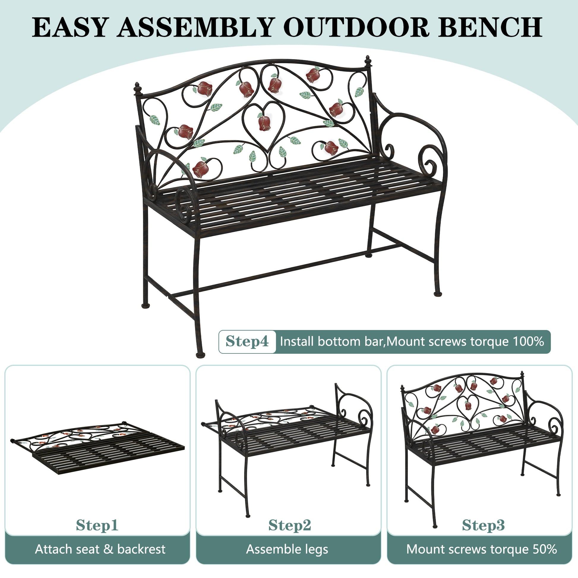 CBJCBJ 42" Waterproof Outdoor Bench ,Indoor Entryway Stools with Metal Rose Design, for Gardens/ Lawns,Black