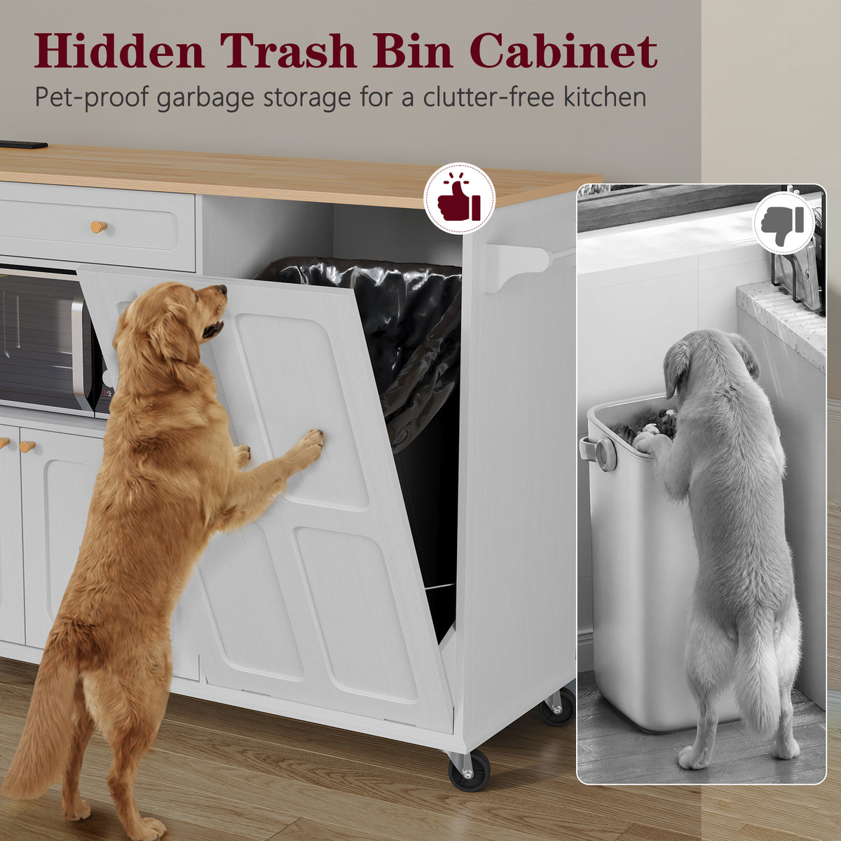 CBJCBJ Folding Rubber wood Kitchen Island, Kitchen Cart with Hidden Trash Can, Knife Rack & Spice Rack,White