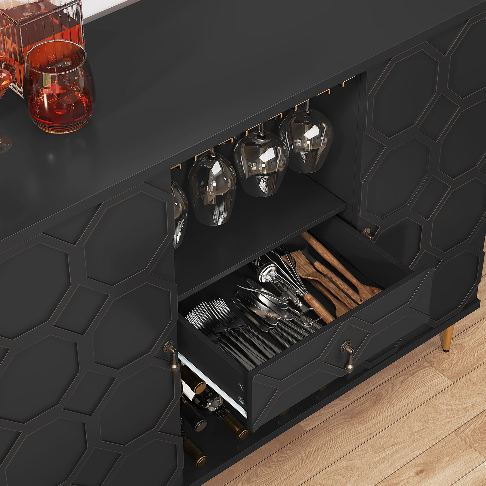 HLR Modern 47.2" Wine Bar Cabinet with Drawer, Geometric Door Buffet Sideboard Coffee Bar for Kitchen, Black