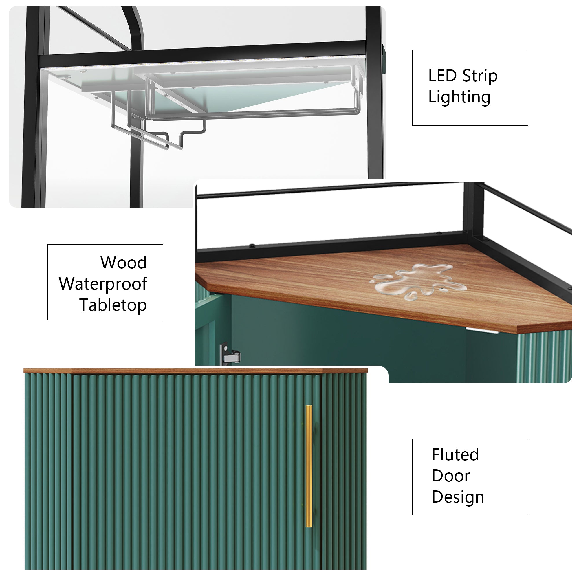 HLR Corner Coffee Bar Cabinet with LED Strip, 4-Tiers Modern Tall Liquor Cabinet with Wine Rack for Dining Room, Green
