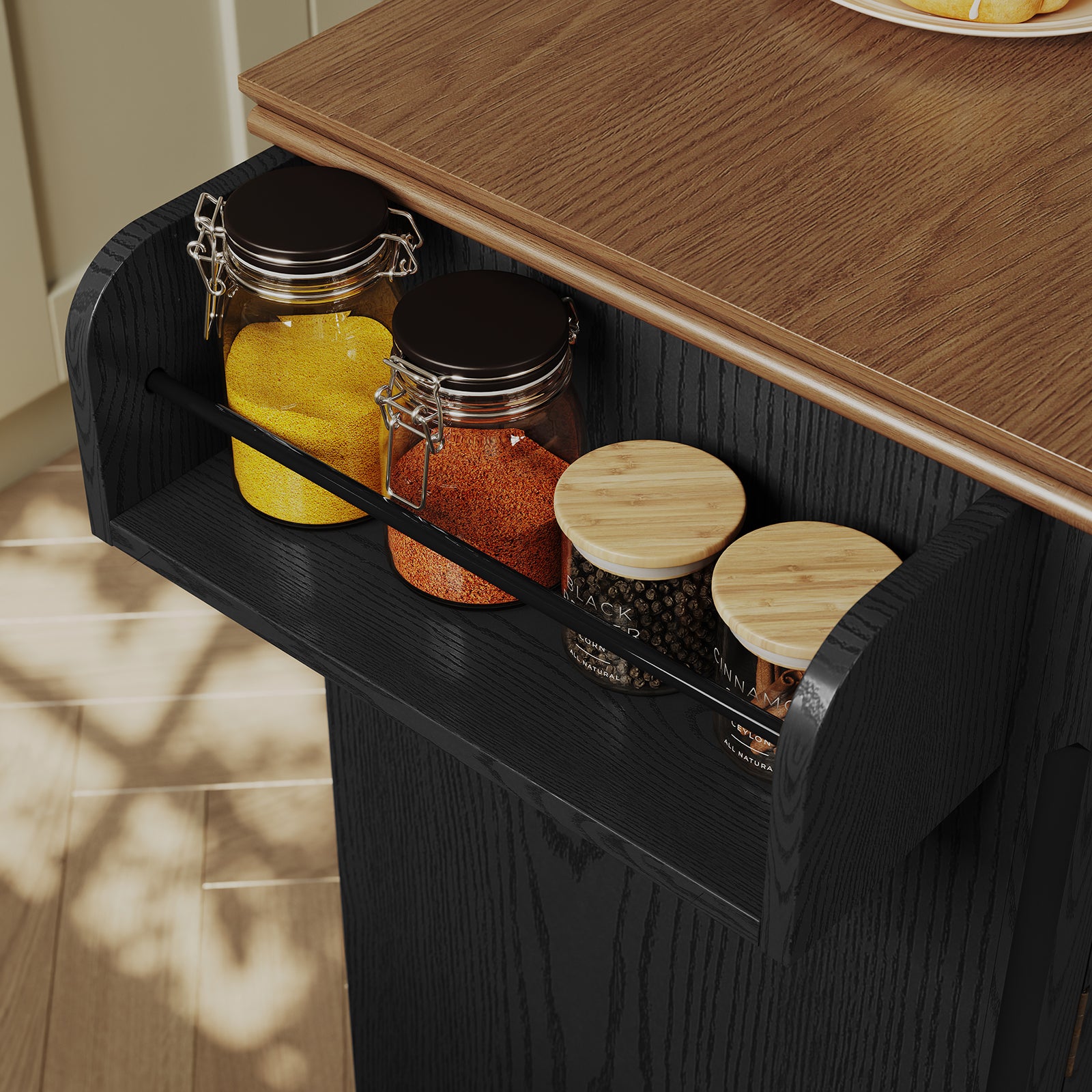HLR Small Kitchen Islands Table with Storage, Rolling Wood Microwave Cart on Wheels for Dining Room, Black