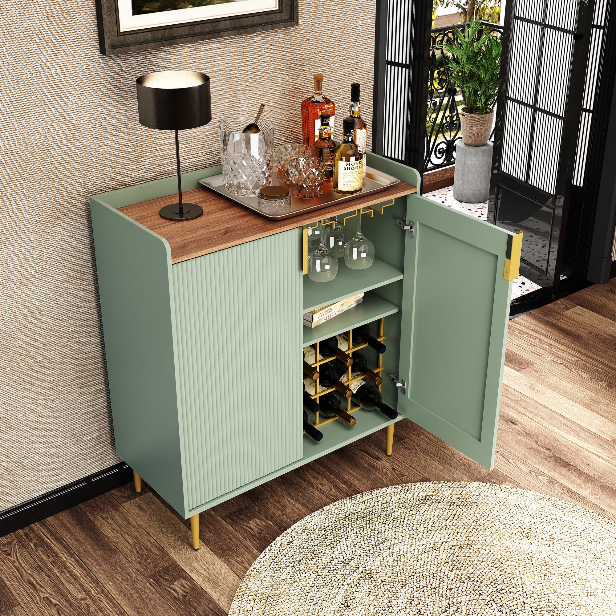 HLR 32"W Wine Bar Cabinet with 2 Door Fluted Texture, Modern Coffee Cabinet with Rack&Glass Holder,Sage Green