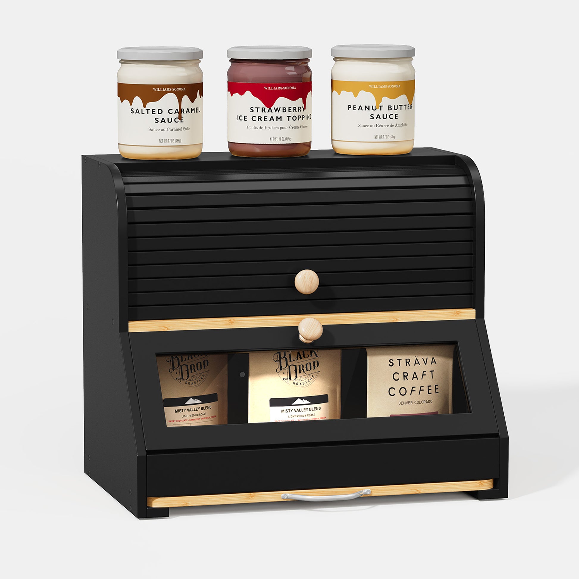 HLR Natural Bamboo Bread Box Kitchen Countertop with Cutting Board and Roll Top, Black 2-Tier Large Wood Bread Bin