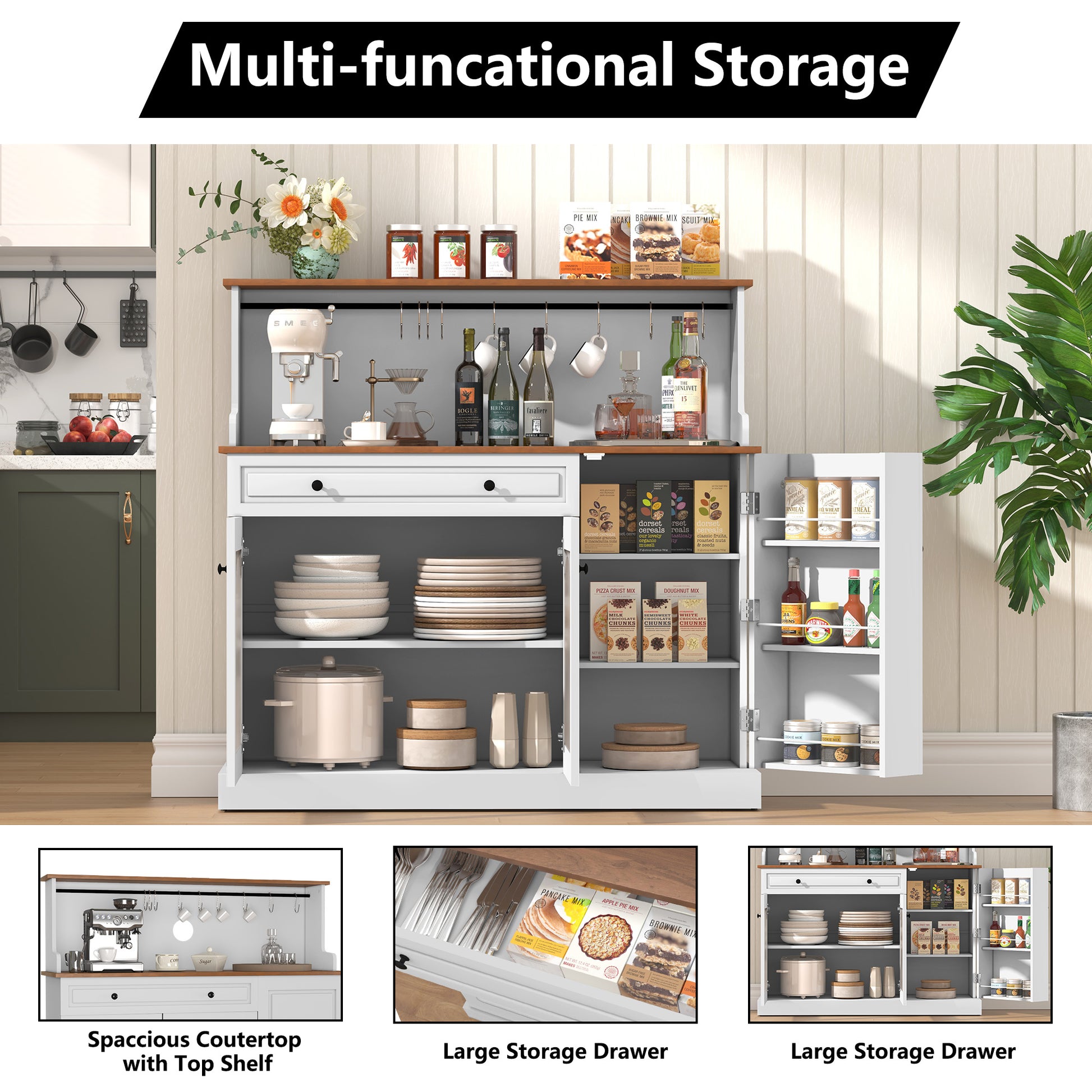 CBJCBJ 48" Modern Wood Kitchen Pantry Cabinet, Coffee Bar with Drawer & Microwave Stand, Dining Room