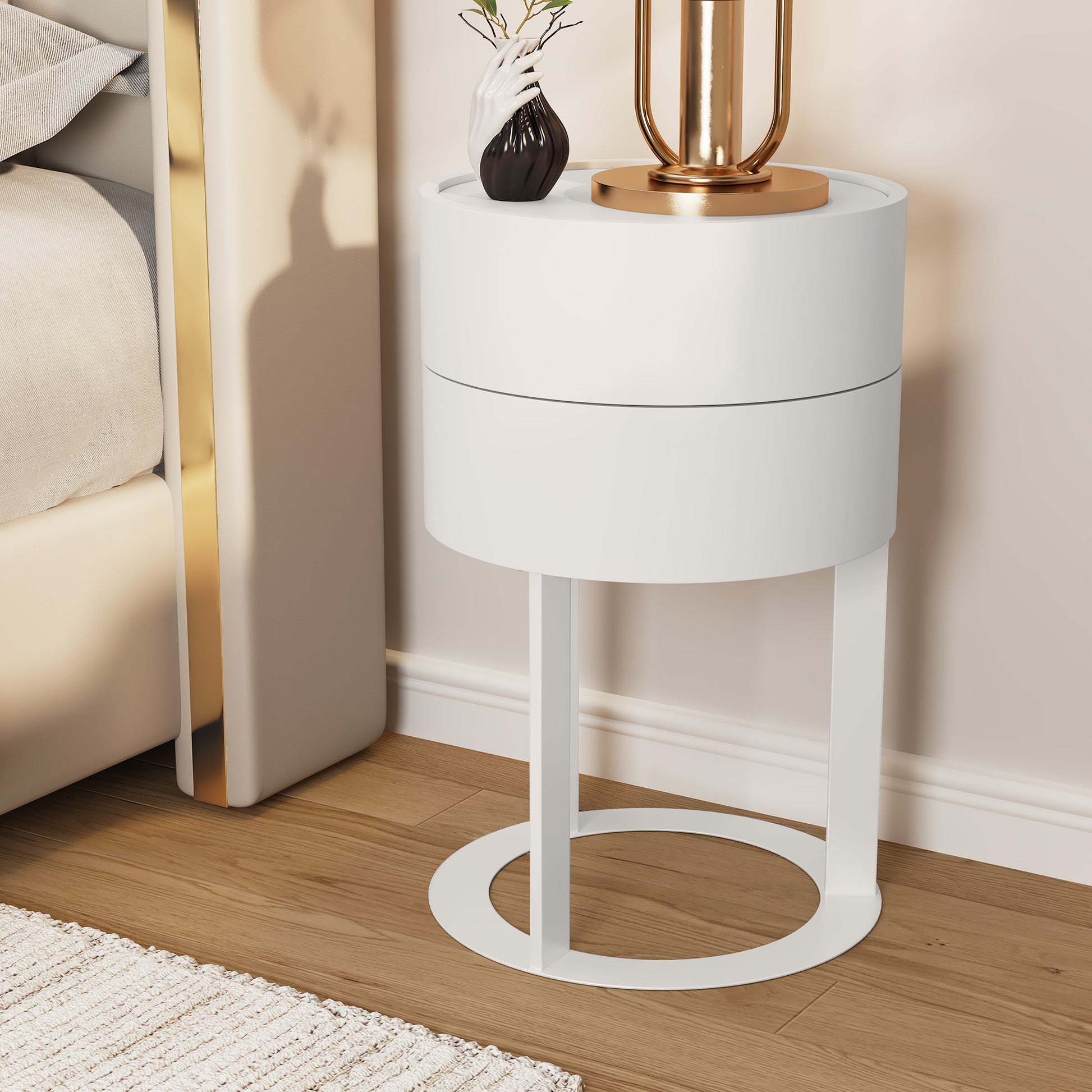 CBJCBJ Modern Round Nightstand with Drawer, 14.2" Bedside Table for Bedroom,White