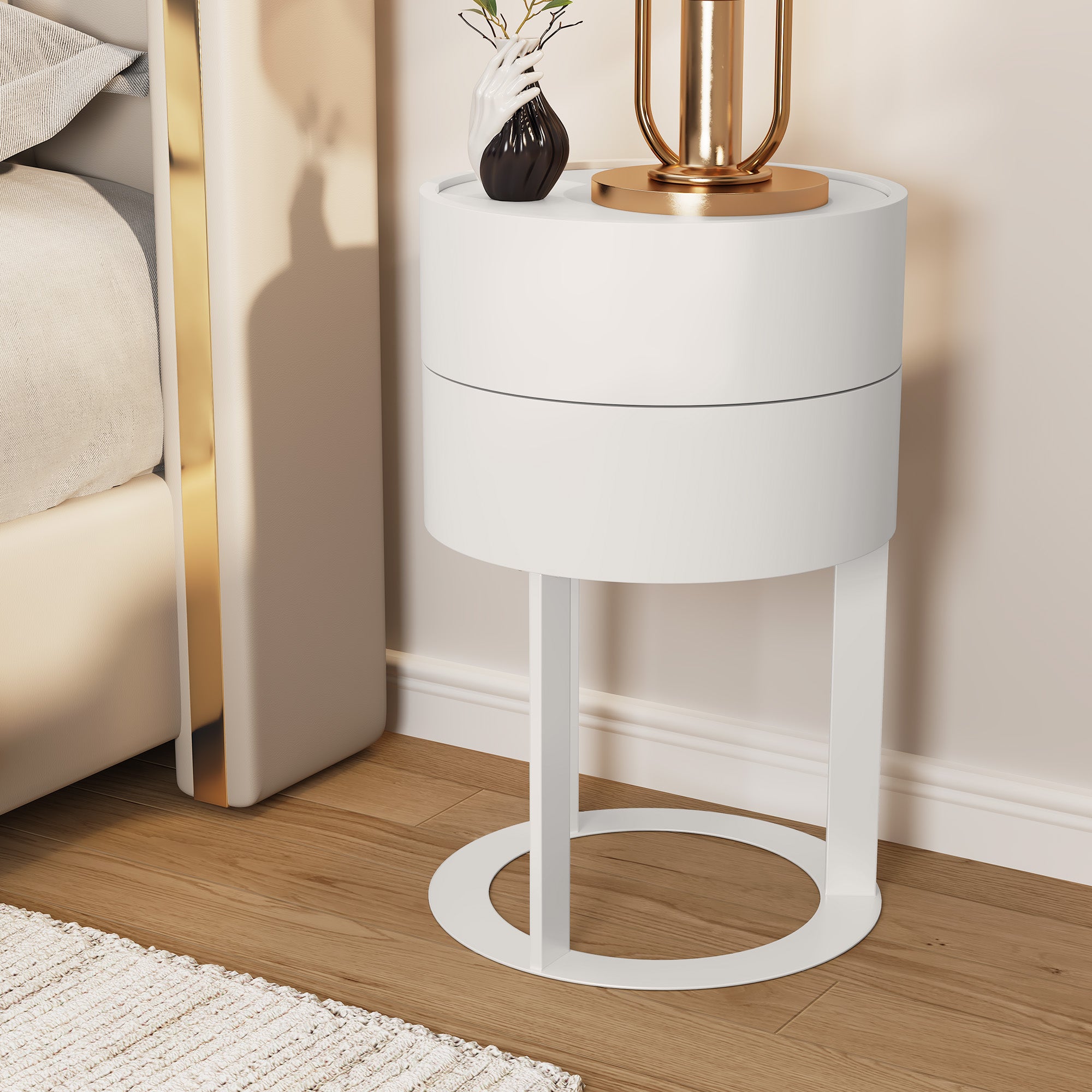 CBJCBJ Modern Round Nightstand with Drawer, 14.2" Bedside Table for Bedroom,White