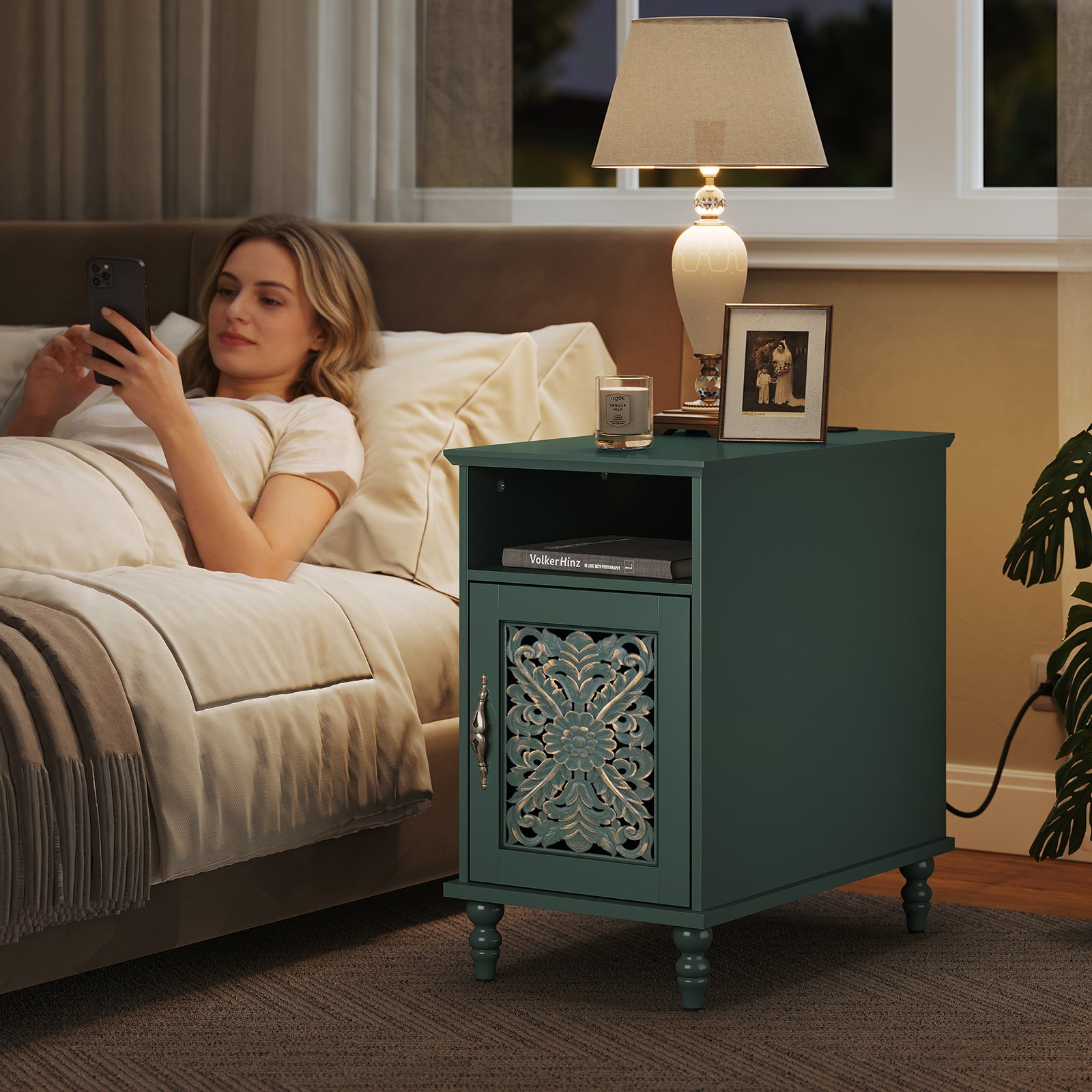 HLR 13.77" Nightstand with Charging Station, Modern Green End / BedSide Table for Living Room
