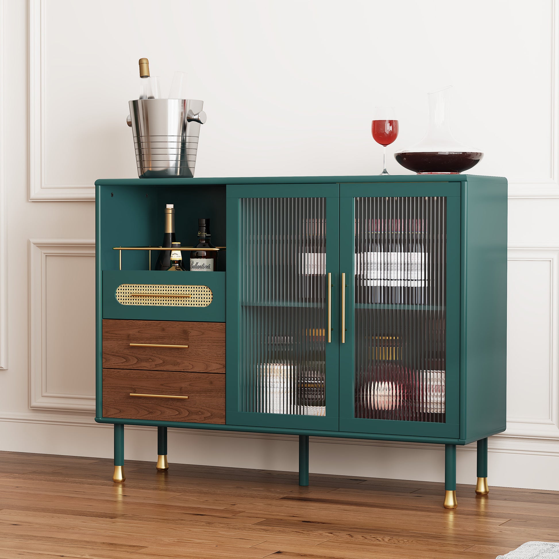 CBJCBJ 47” Coffee Bar Cabinet with Glass Rack, Modern Wine Bar Cabinet with Storage, for Dining Room, Green