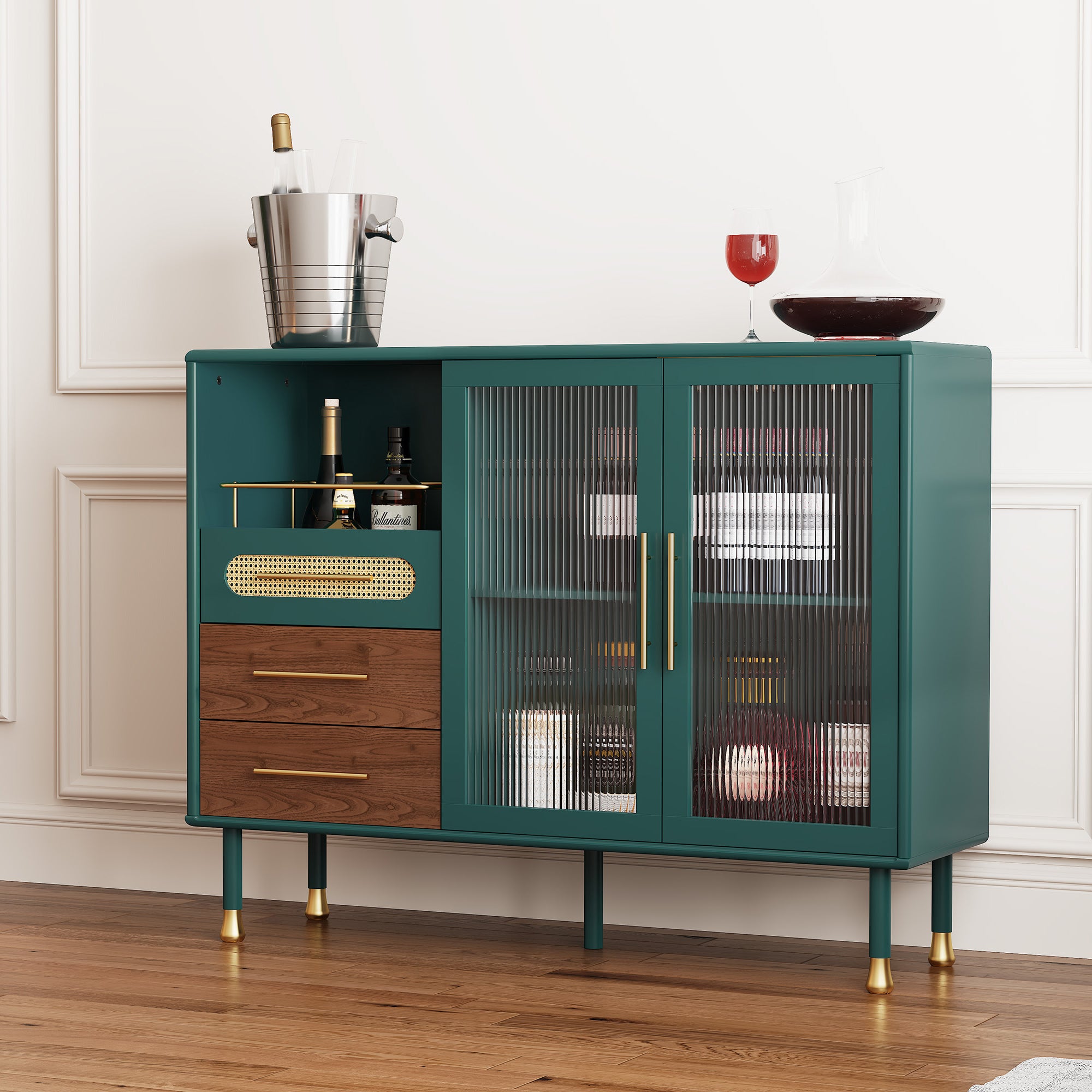 CBJCBJ 47” Coffee Bar Cabinet with Glass Rack, Modern Wine Bar Cabinet with Storage, for Dining Room, Green