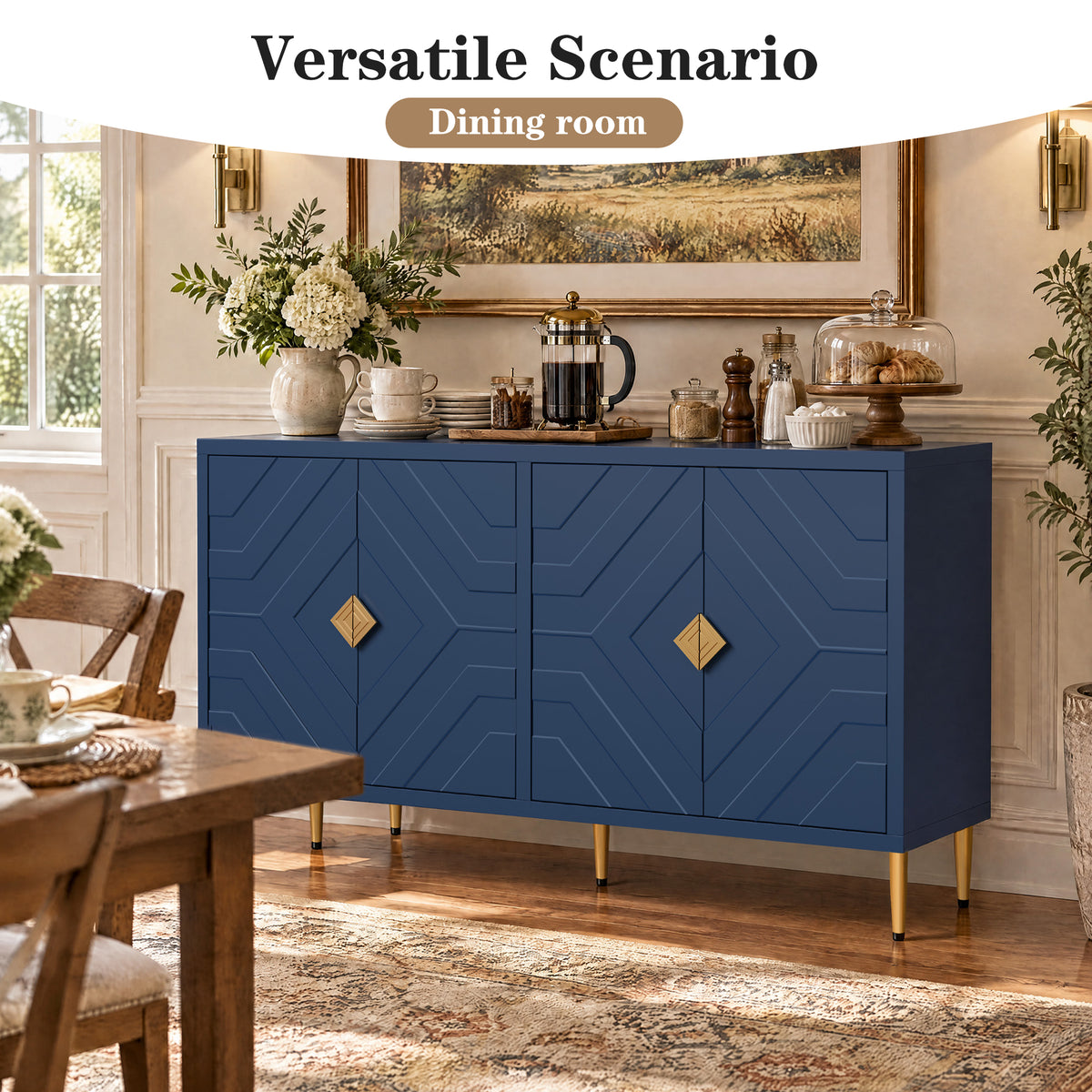 HLR 58" Modern Accent Sideboard Cabinet, 4 Doors, Adjustable Shelves, Fluted Storage Cabinet, Blue