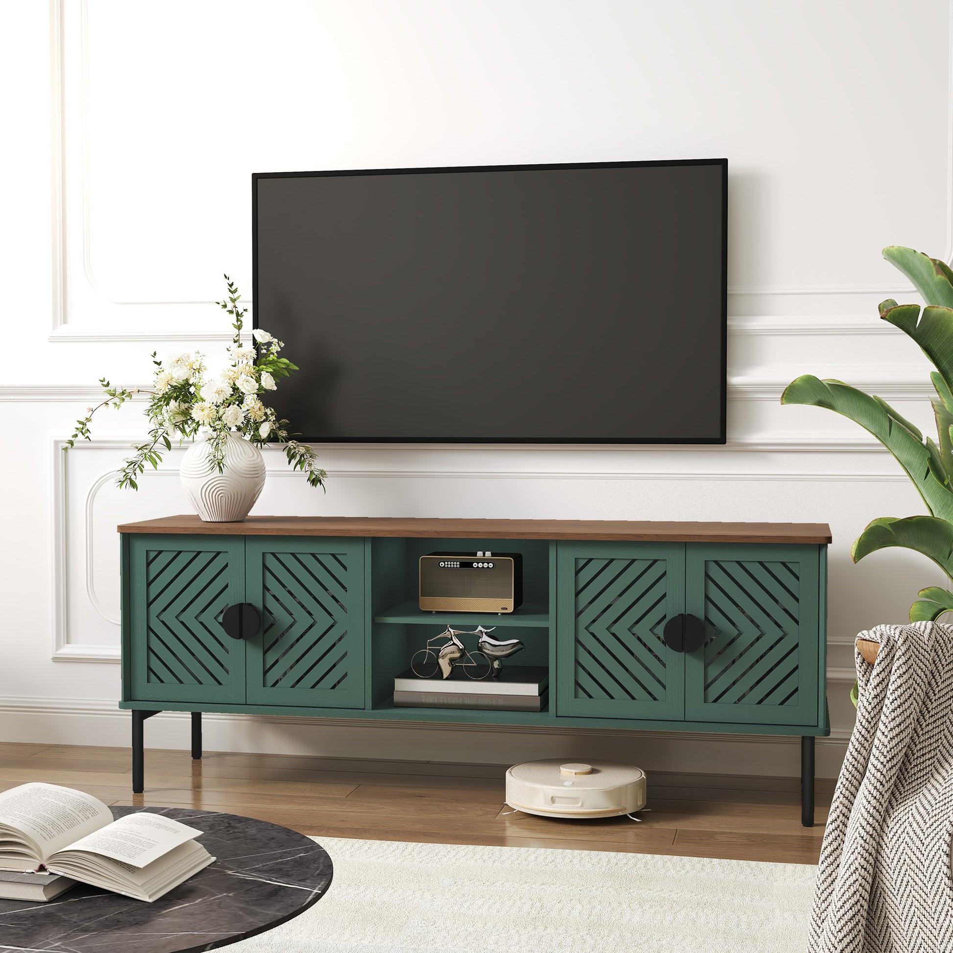 HLR Mid Century Modern 63" TV Stand for 75 inch TV with Storage, Entertainment Center for Living Room, Green