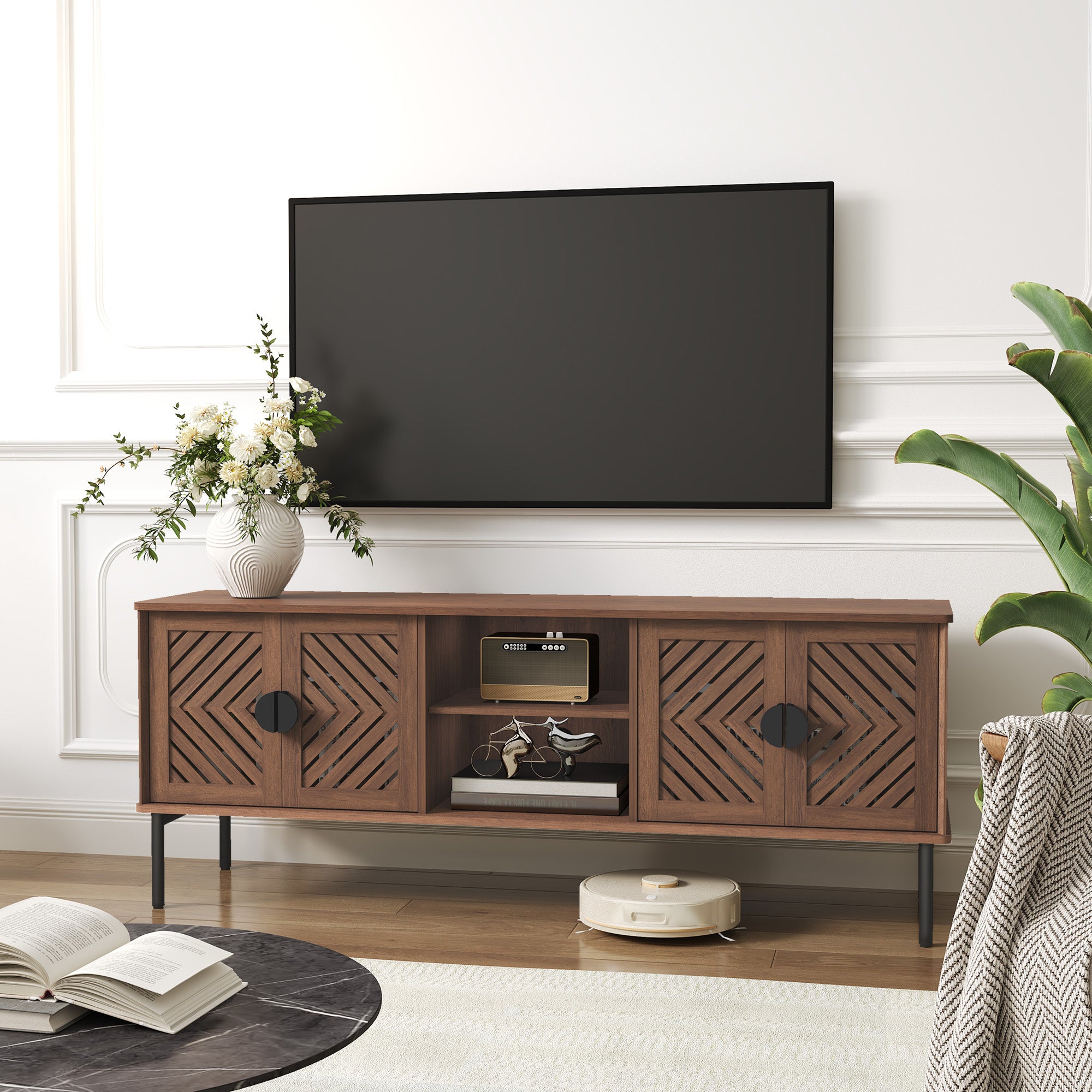 HLR Mid Century Modern 63" TV Stand for 75 inch TV with Storage, Entertainment Center for Living Room, Brown