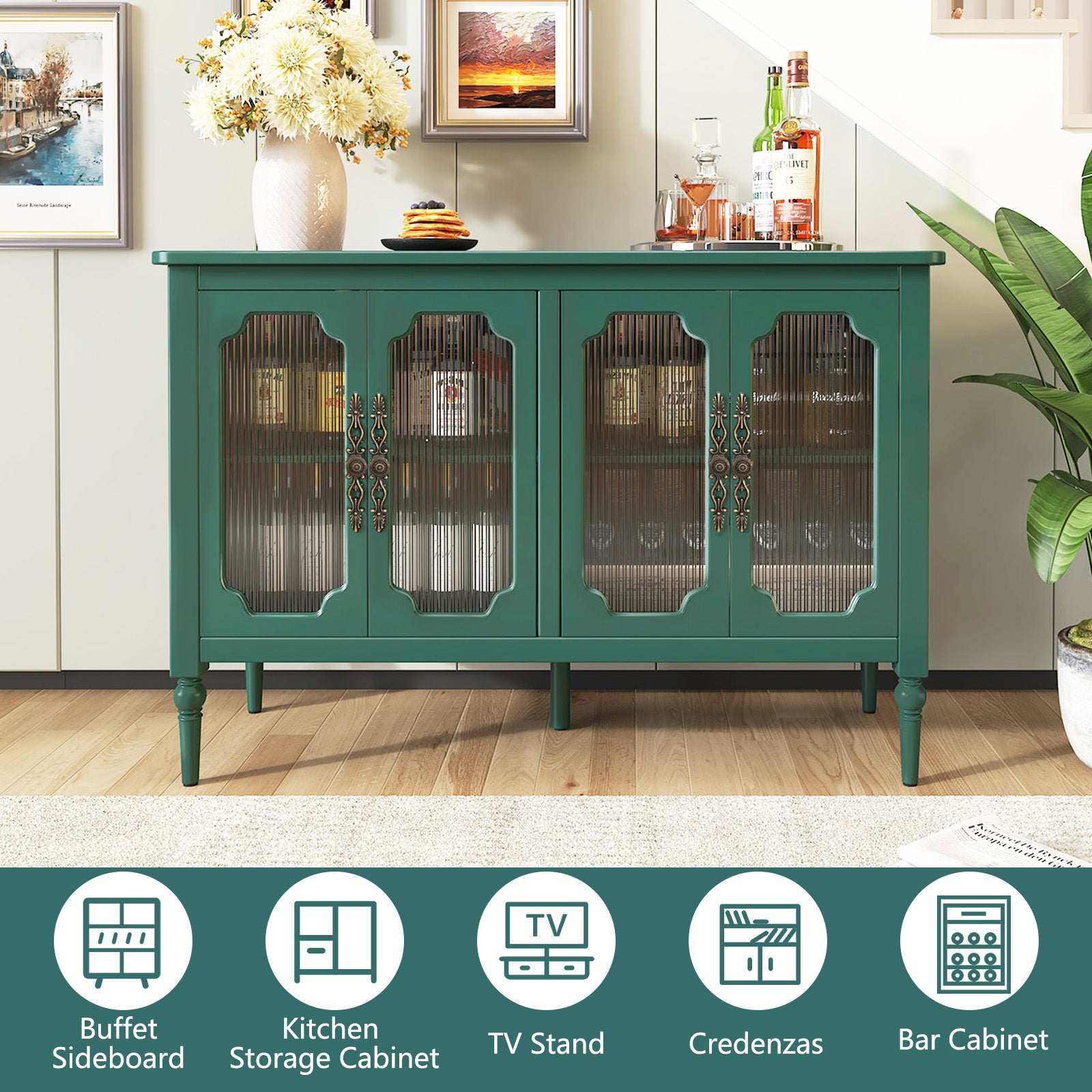 CBJCBJ 47" Retro 4 Door Buffet & Bar Cabinet, Sideboard Storage Cabinet for Dining Room, Green