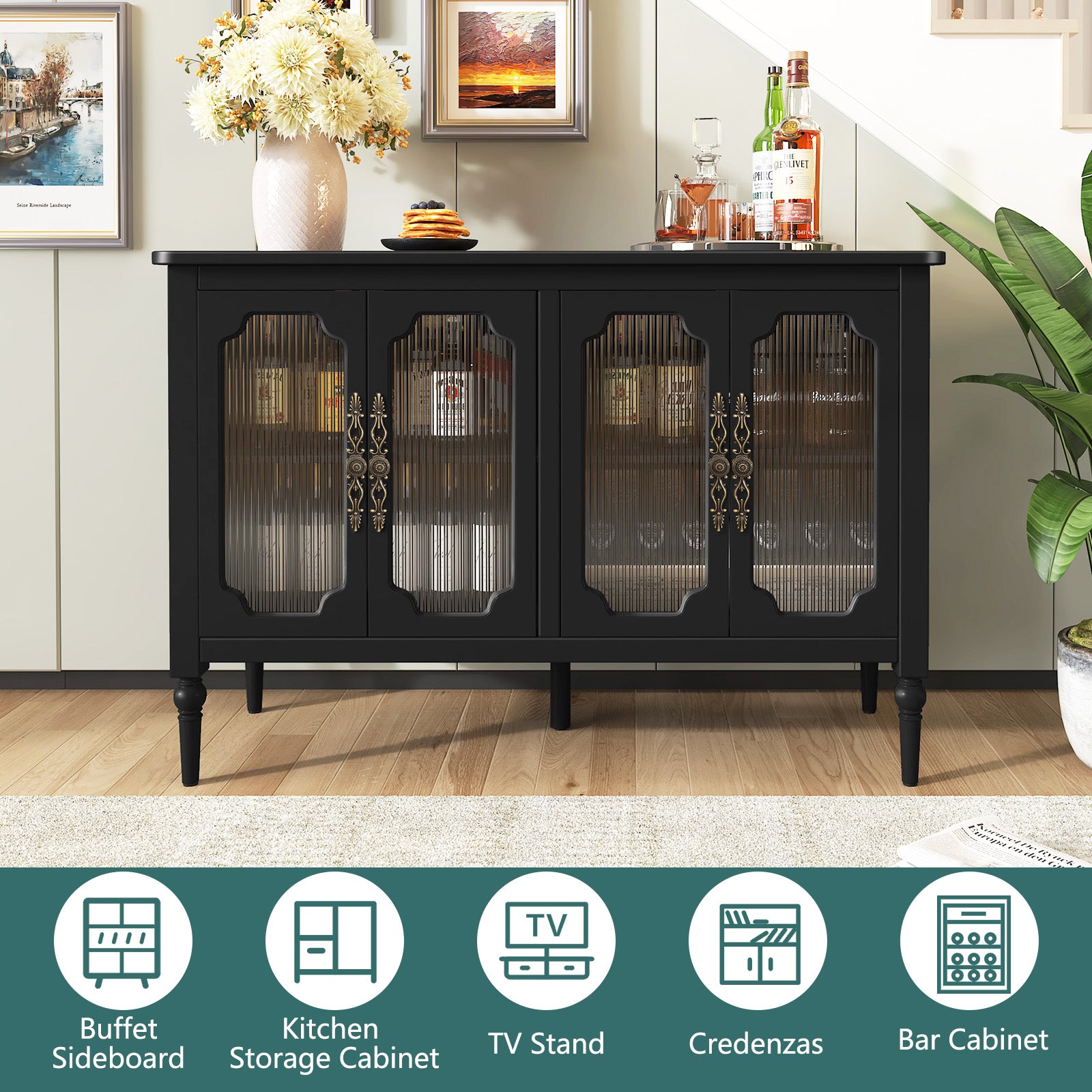 CBJCBJ 47" Retro 4 Door Buffet & Bar Cabinet, Sideboard Storage Cabinet for Dining Room, Black